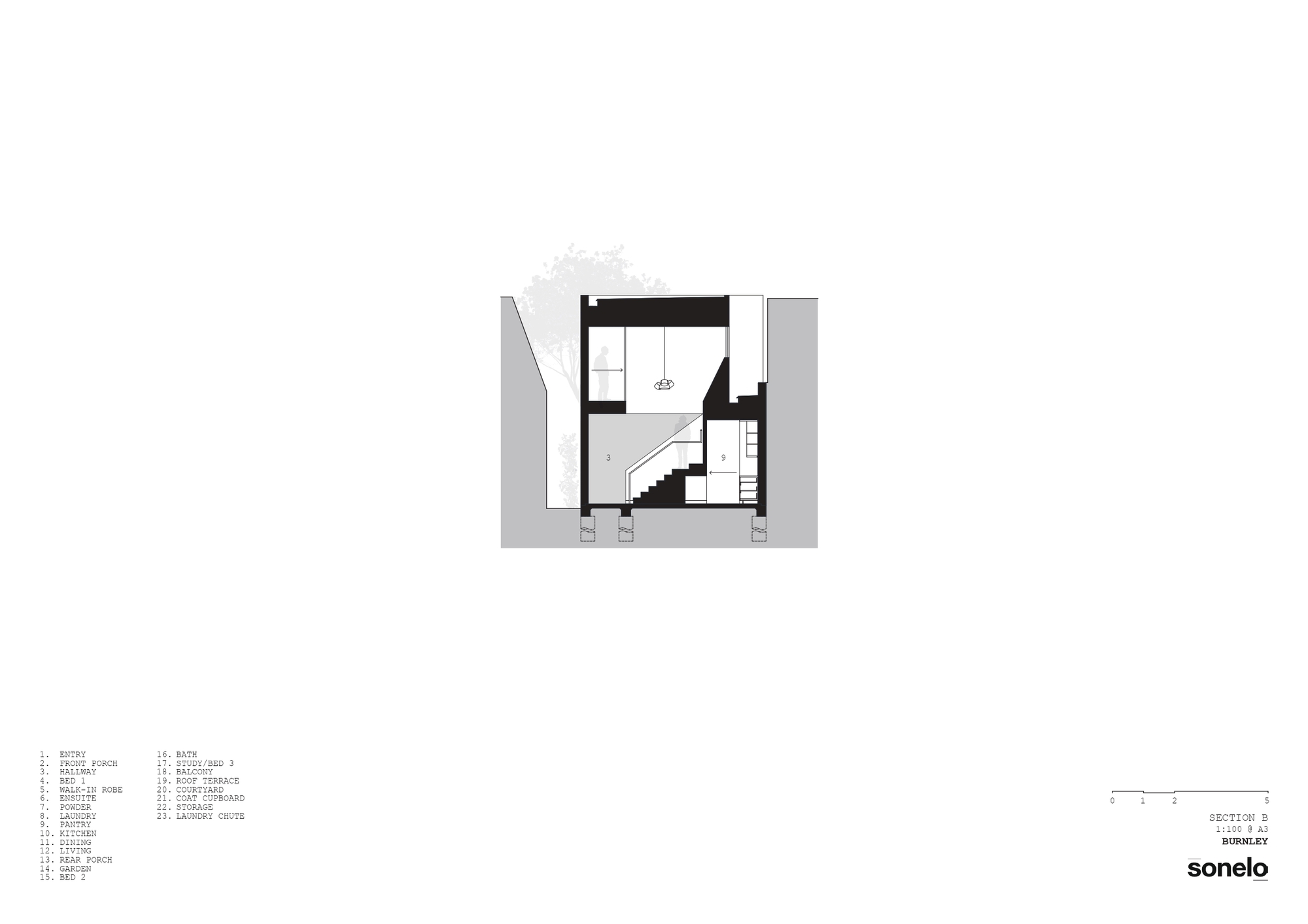 Cross section drawing showing a staircase connecting two levels beneath a planted roof terrace