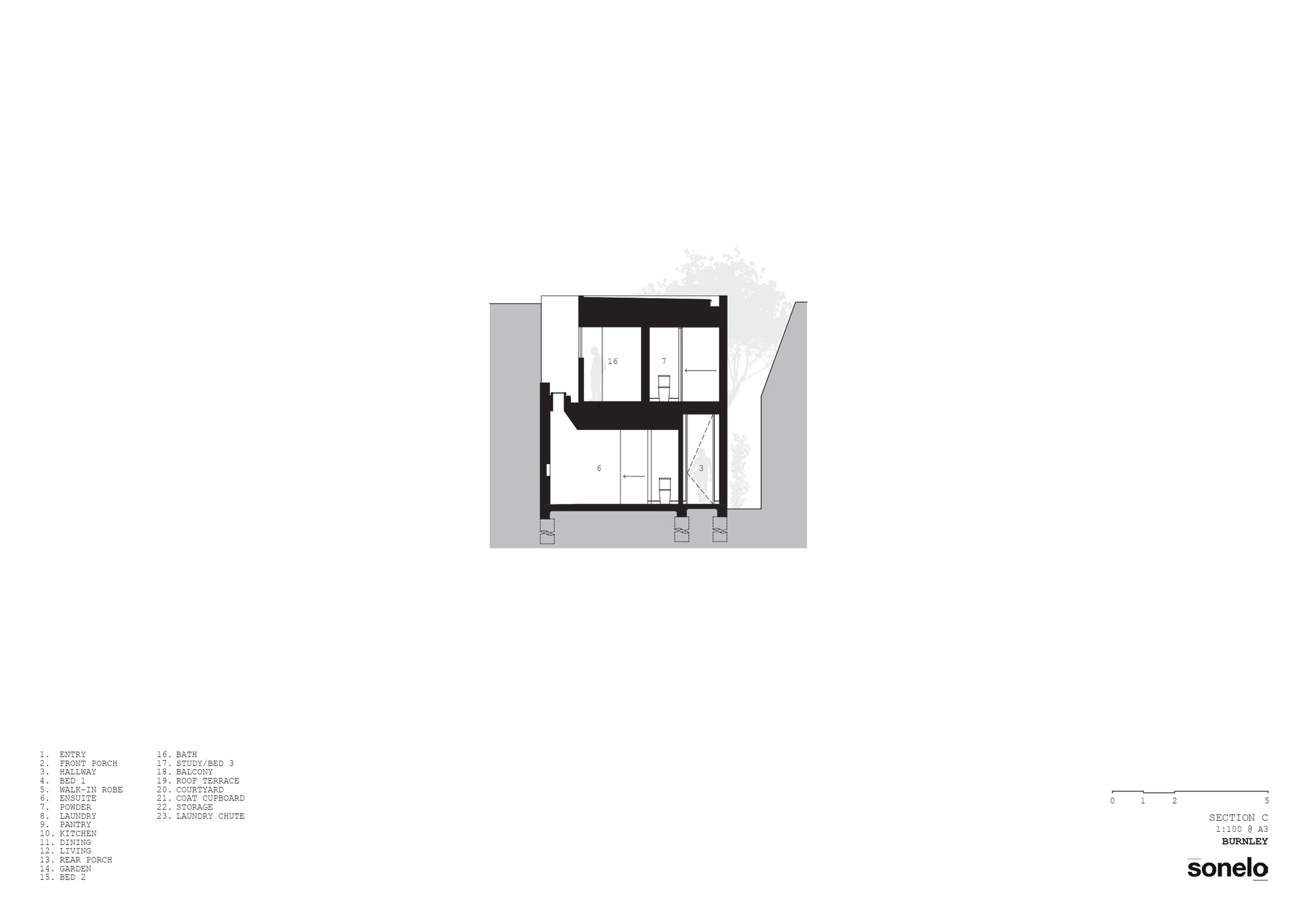 Cross section drawing depicting stacked floor plates framed by adjacent structures