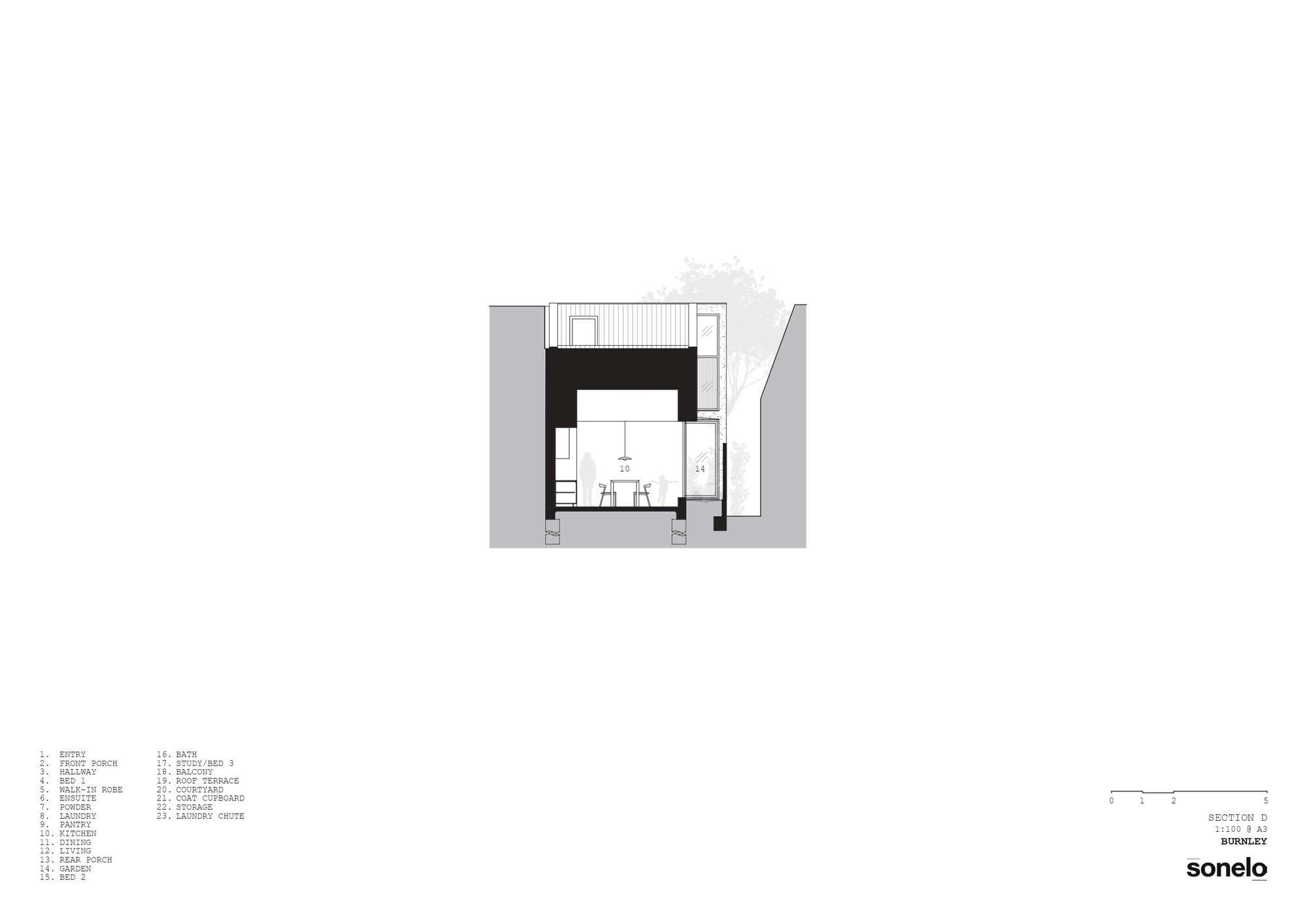 Cross section drawing showing a double-height interior space with mezzanine and roof access