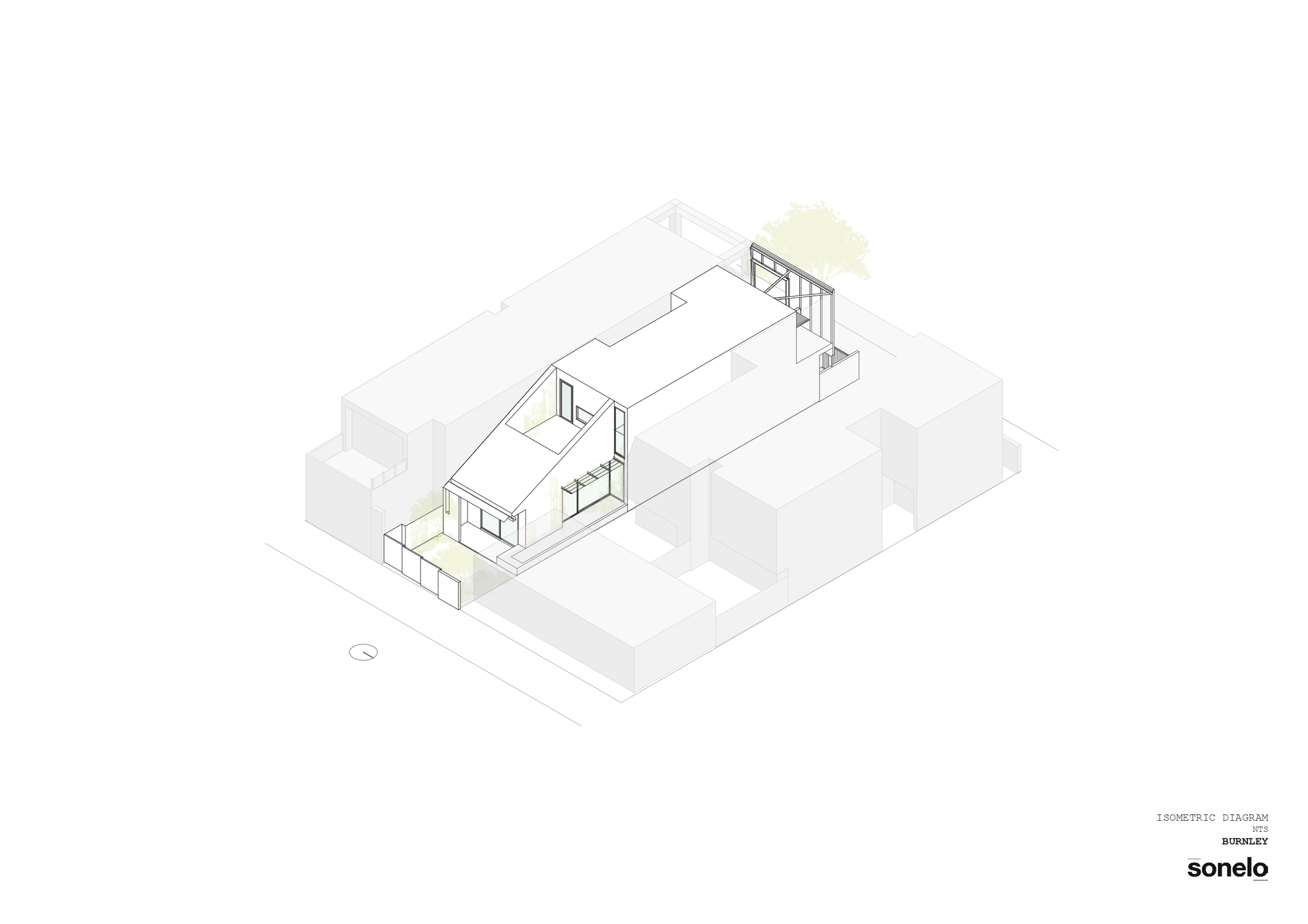Isometric drawing illustrating the interior layout and courtyard spaces between neighboring volumes