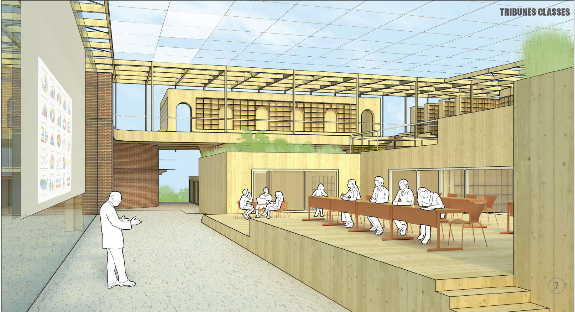 Flexible tribune classrooms integrate open discussion, digital presentation, and collaborative education within an adaptive school architecture concept.