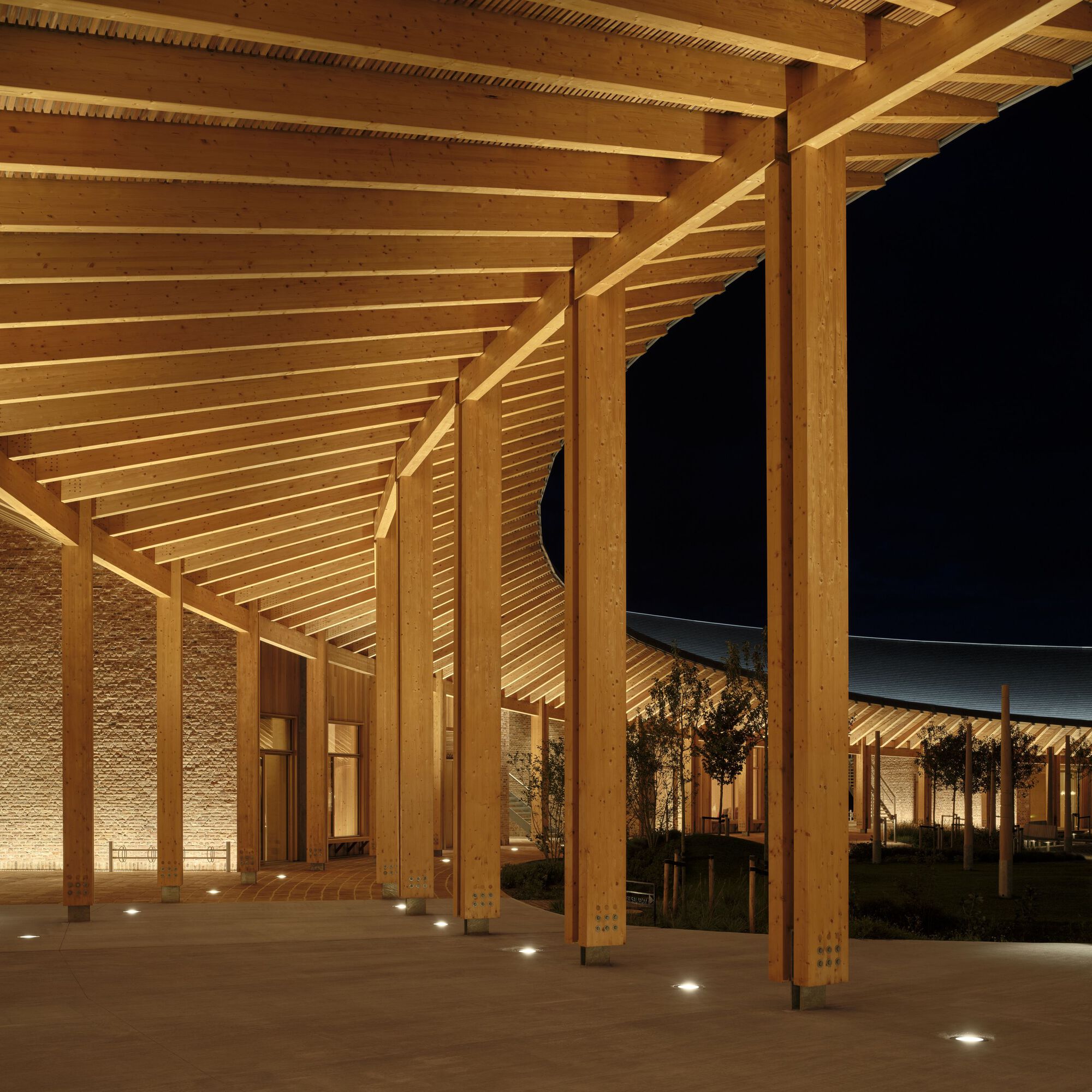 Covered colonnade with exposed timber rafters and floor-mounted uplights at night