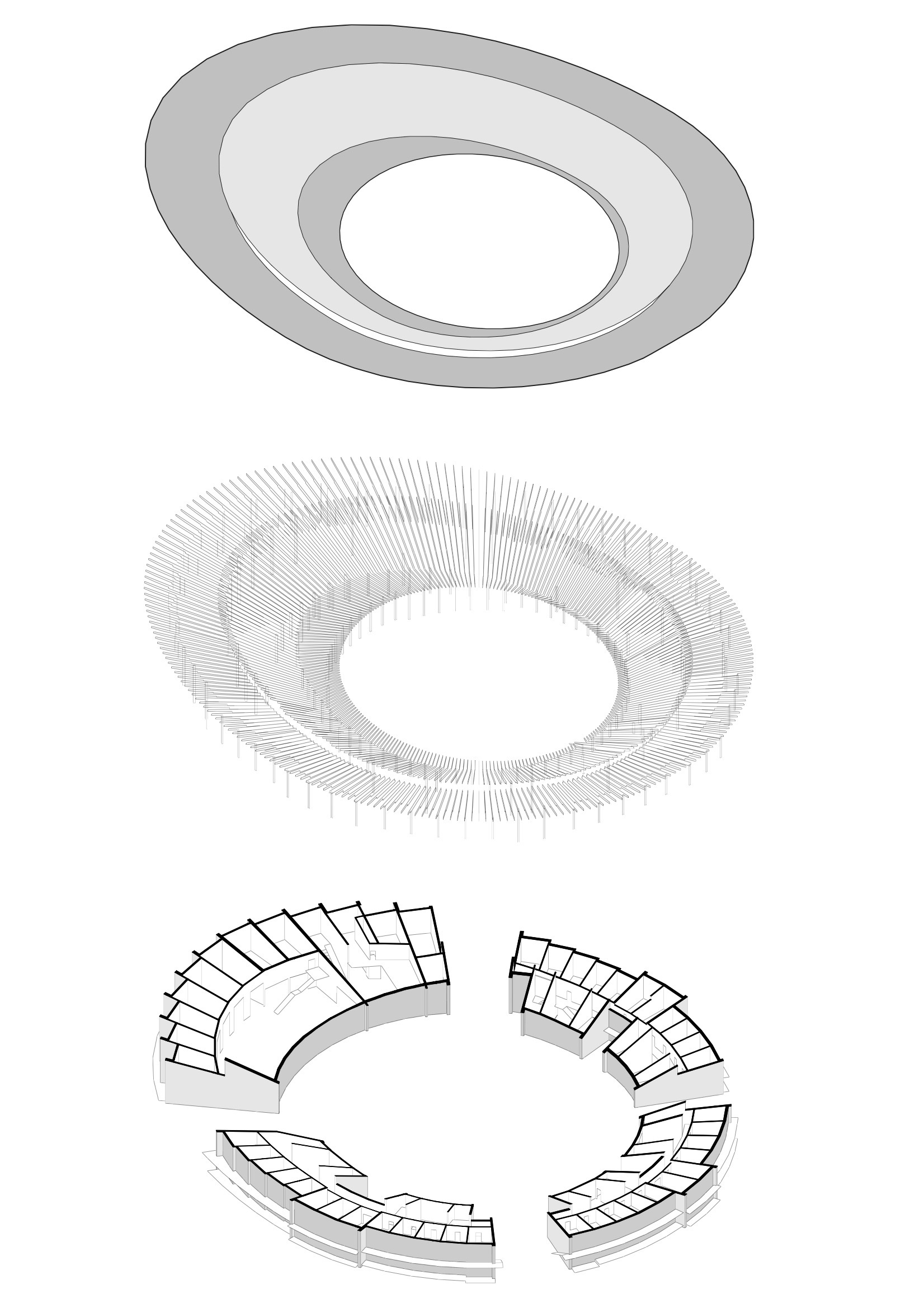 Axonometric drawing showing the circular roof form and radiating structural framework in layered detail