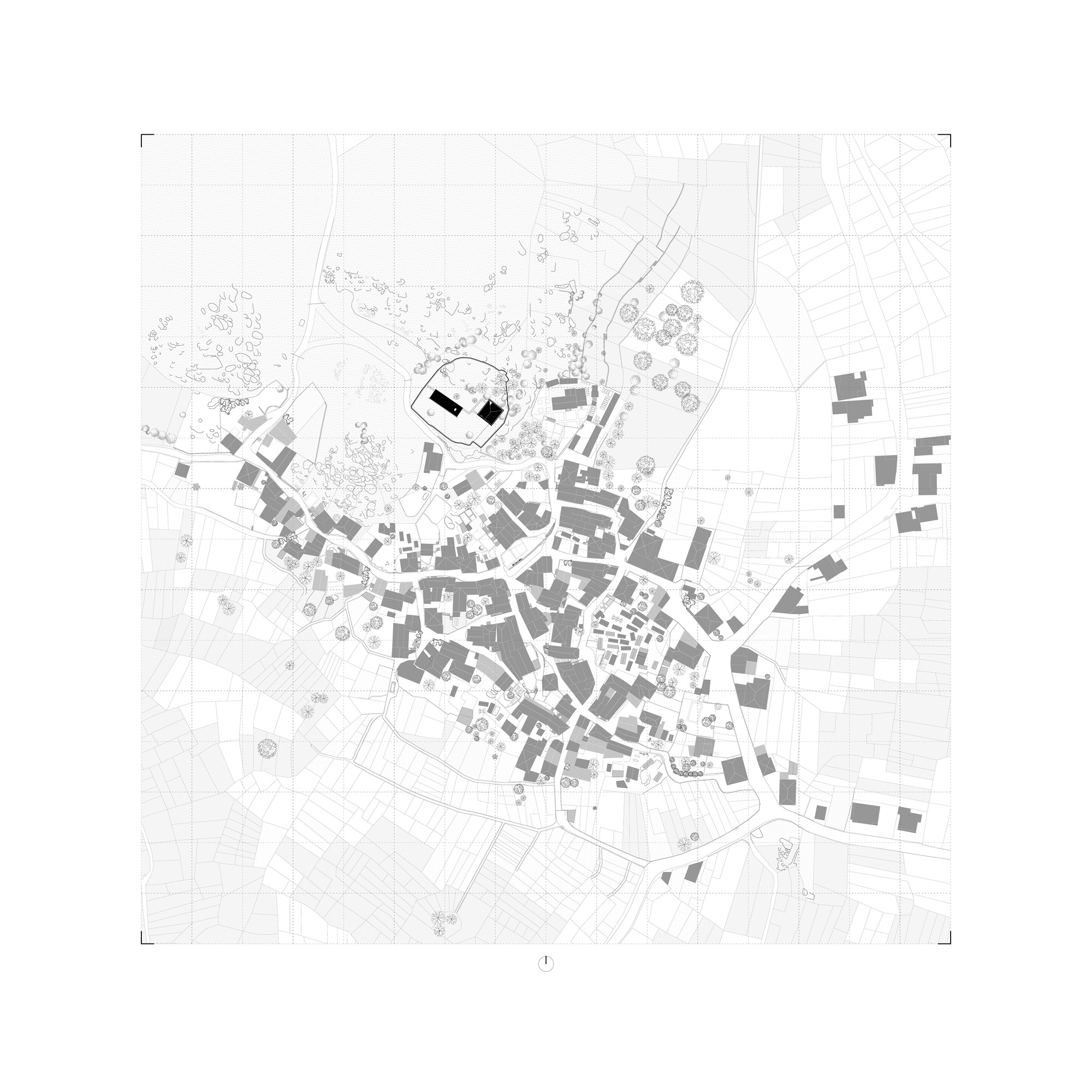 Site plan drawing showing scattered building footprints within a network of roads and trees
