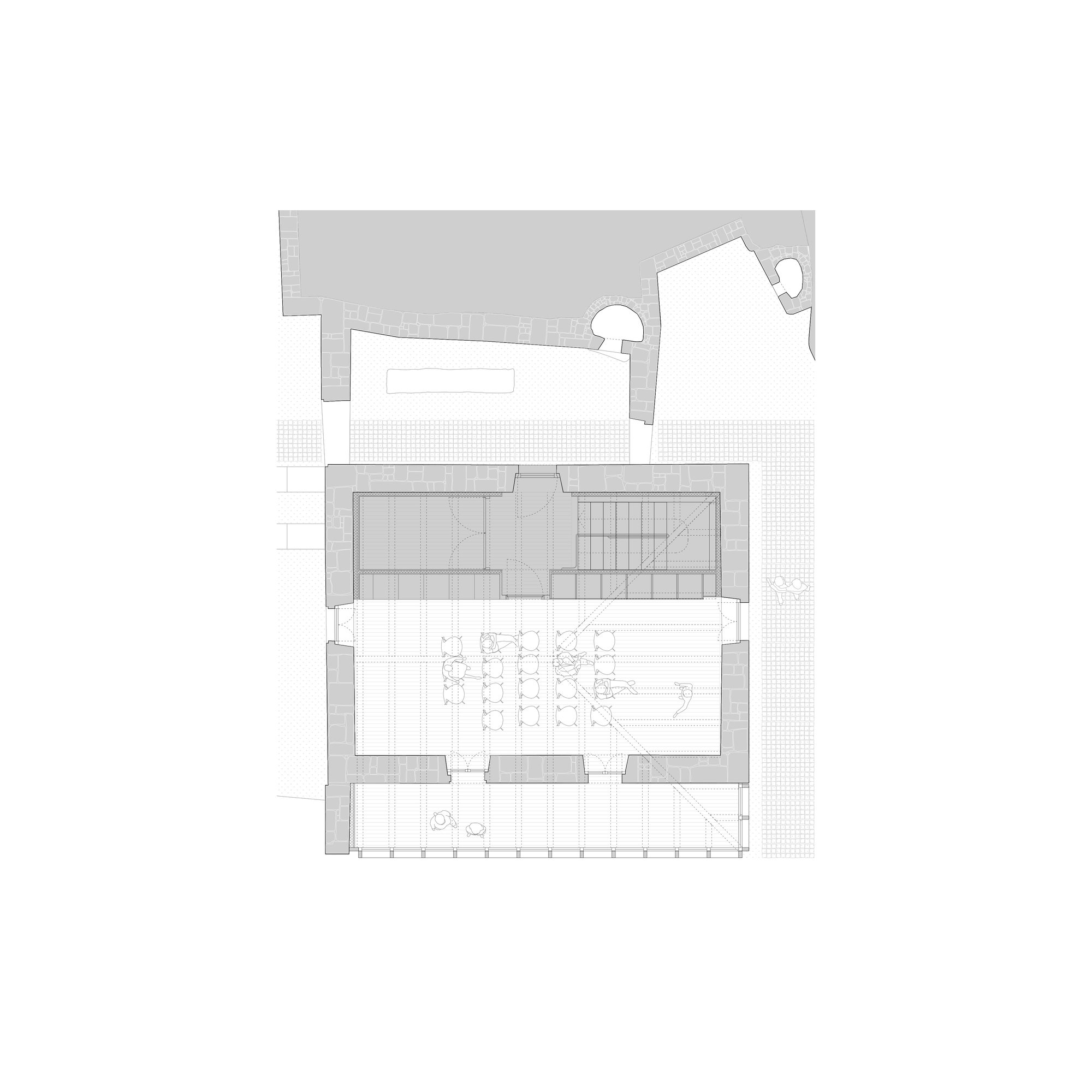 Multi-level floor plan drawing showing stair placement and interior courtyard with trees