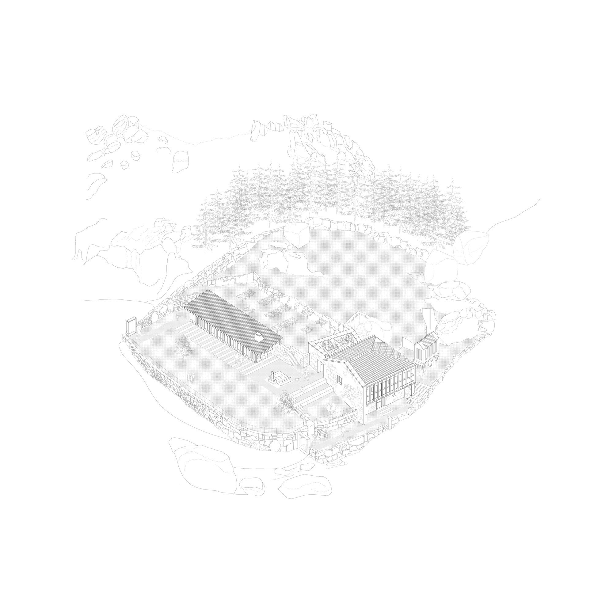 Axonometric drawing showing a walled compound with two rectangular buildings and surrounding landscape with trees