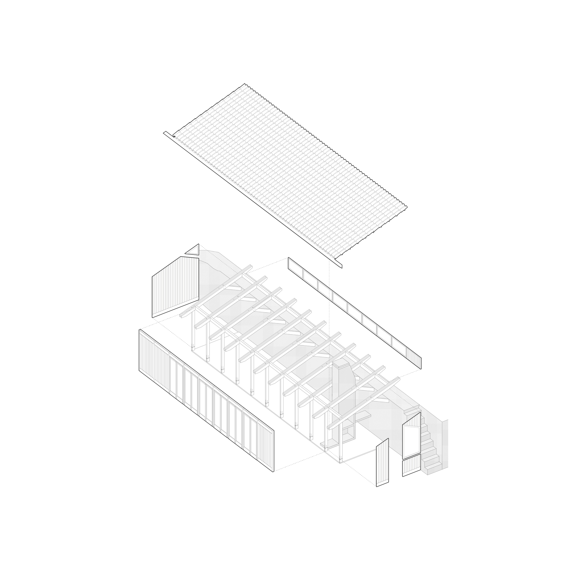 Exploded axonometric drawing showing roof plane, structural frame and vertical wall panels of a rectangular volume
