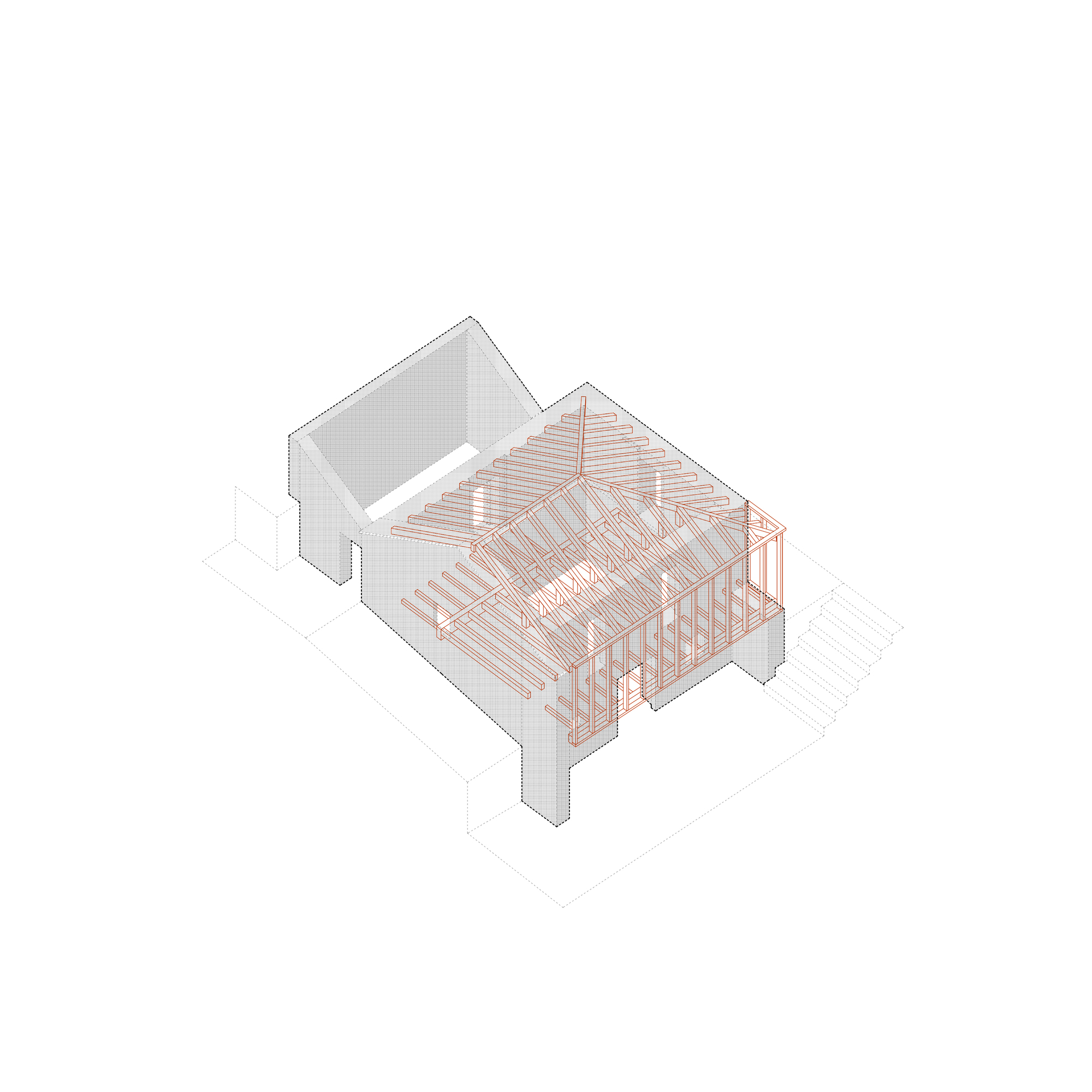 Axonometric drawing showing timber roof framing structure in red with adjacent volumes in grey