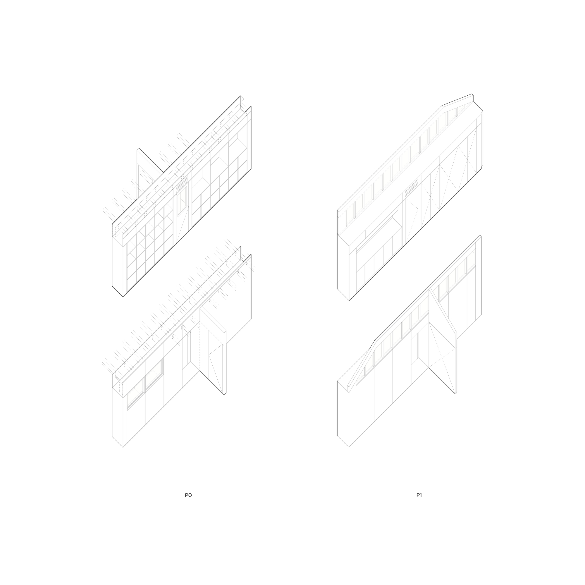 Isometric elevation drawings showing four wall panel variations with different opening and joint configurations