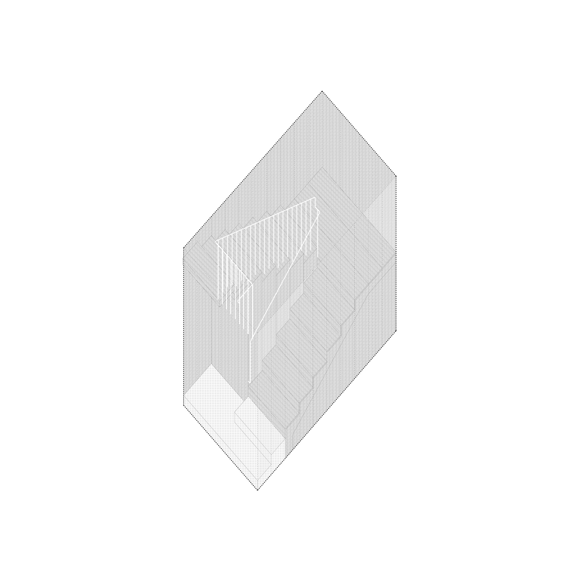 Axonometric drawing of a pitched roof volume showing interior spatial divisions and courtyard below