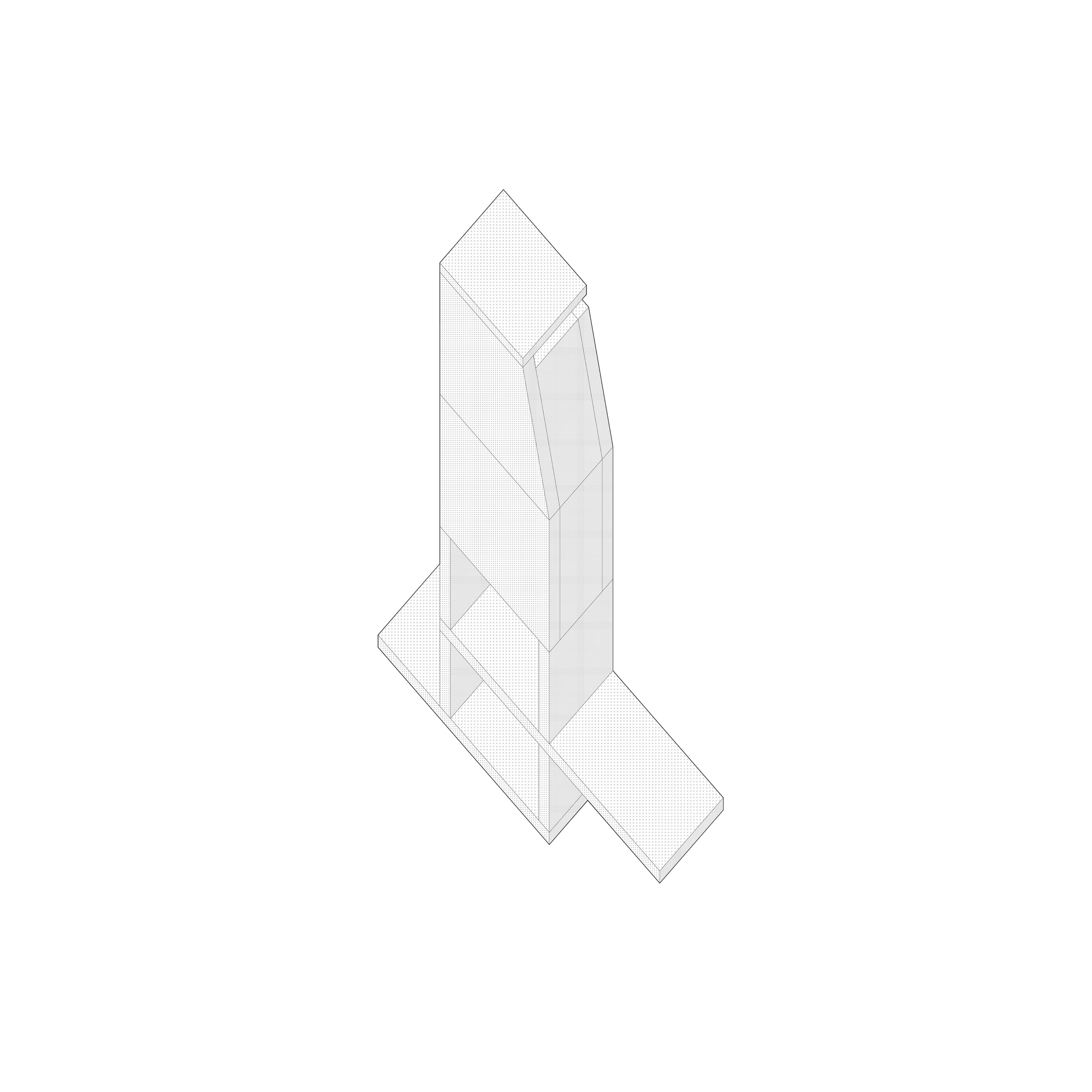 Axonometric drawing of a three story volume with angled walls and attached horizontal wing