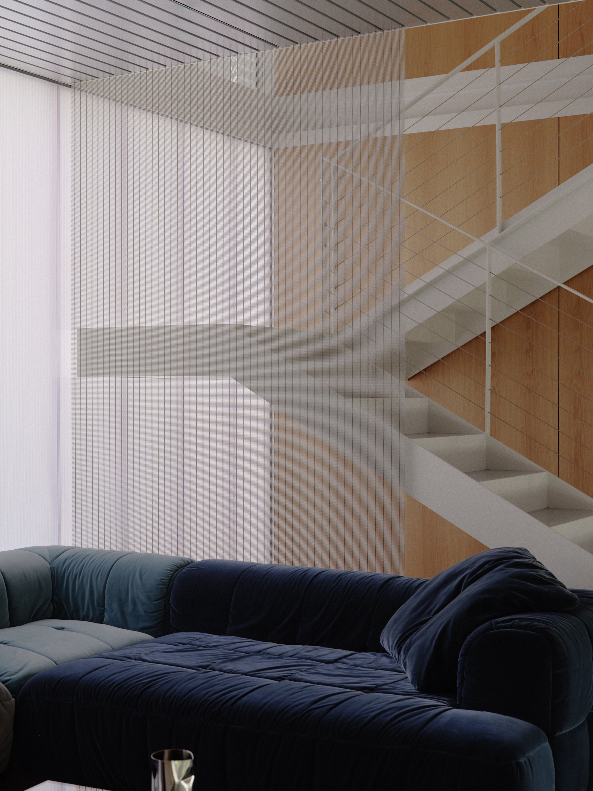 White steel staircase against wood-paneled wall with translucent curtain filtering daylight
