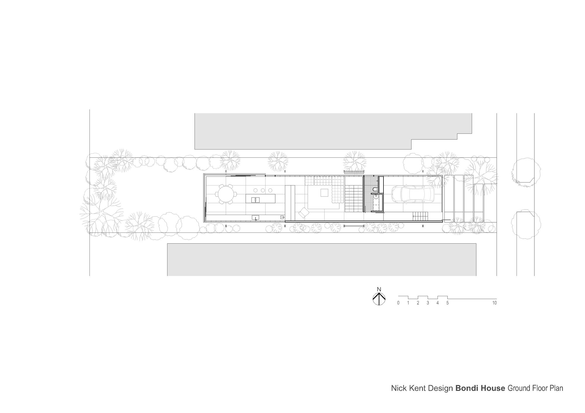 Ground floor plan drawing showing a linear residence with landscaped yards flanking the north and south sides