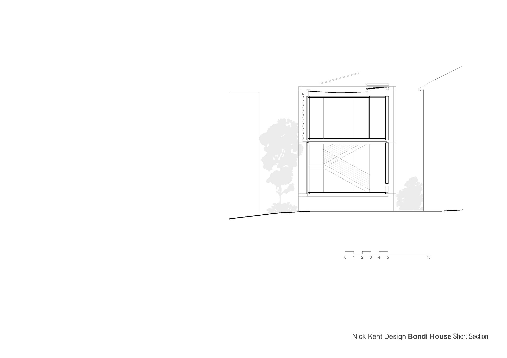 Short section drawing showing the two-story volume with a tree silhouette to one side