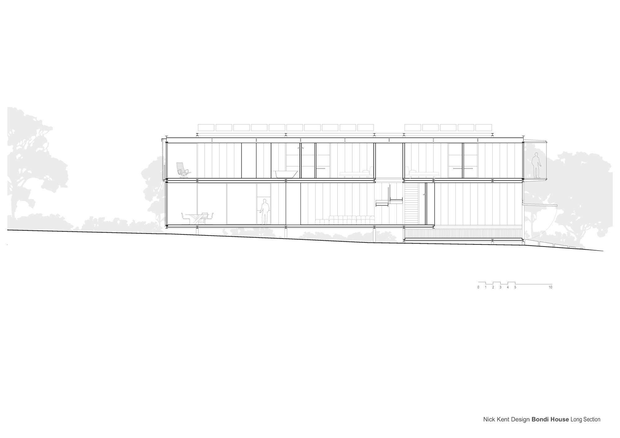Long section drawing revealing internal room divisions and slatted facade screens along the length of the residence