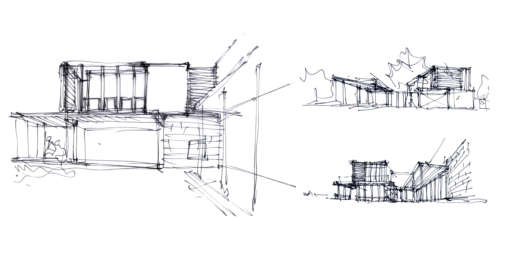 Sketch studies showing three perspective views of the pavilion volumes and roof overhangs with surrounding trees