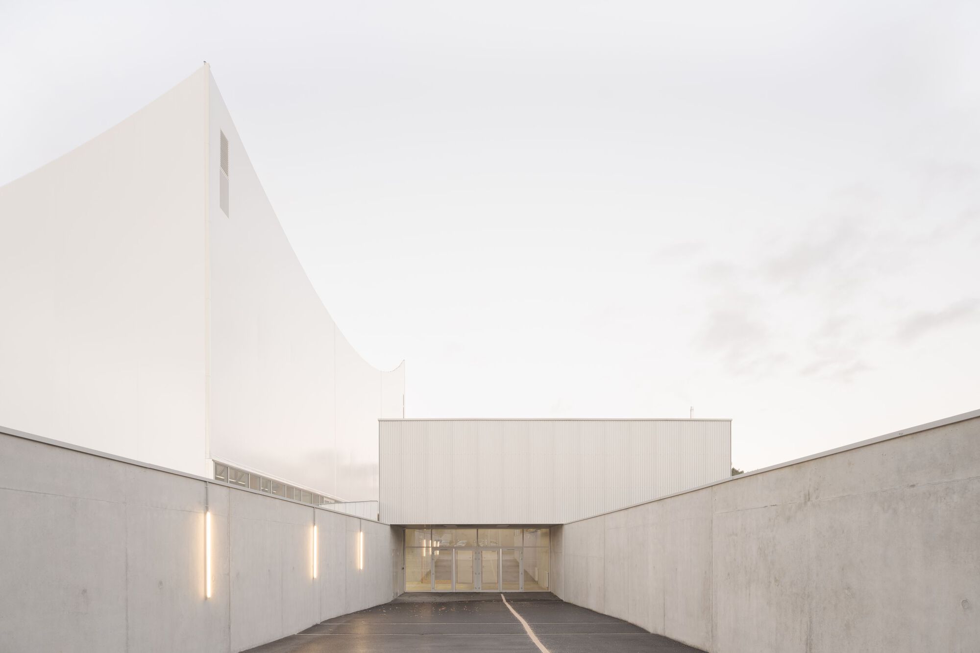 Concrete courtyard entrance with glazed doors and vertical strip lighting at dusk
