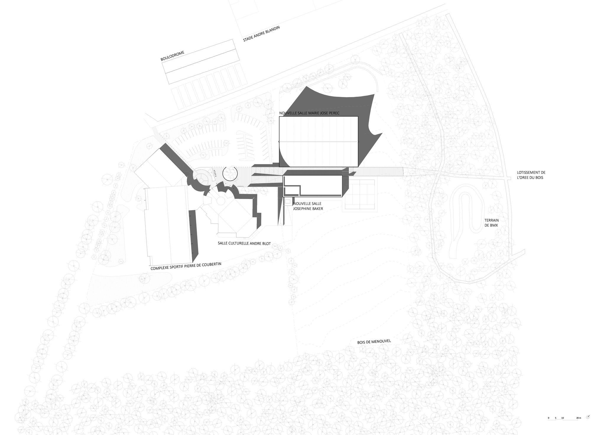 Site plan drawing showing the building footprint with surrounding sports facilities and wooded areas