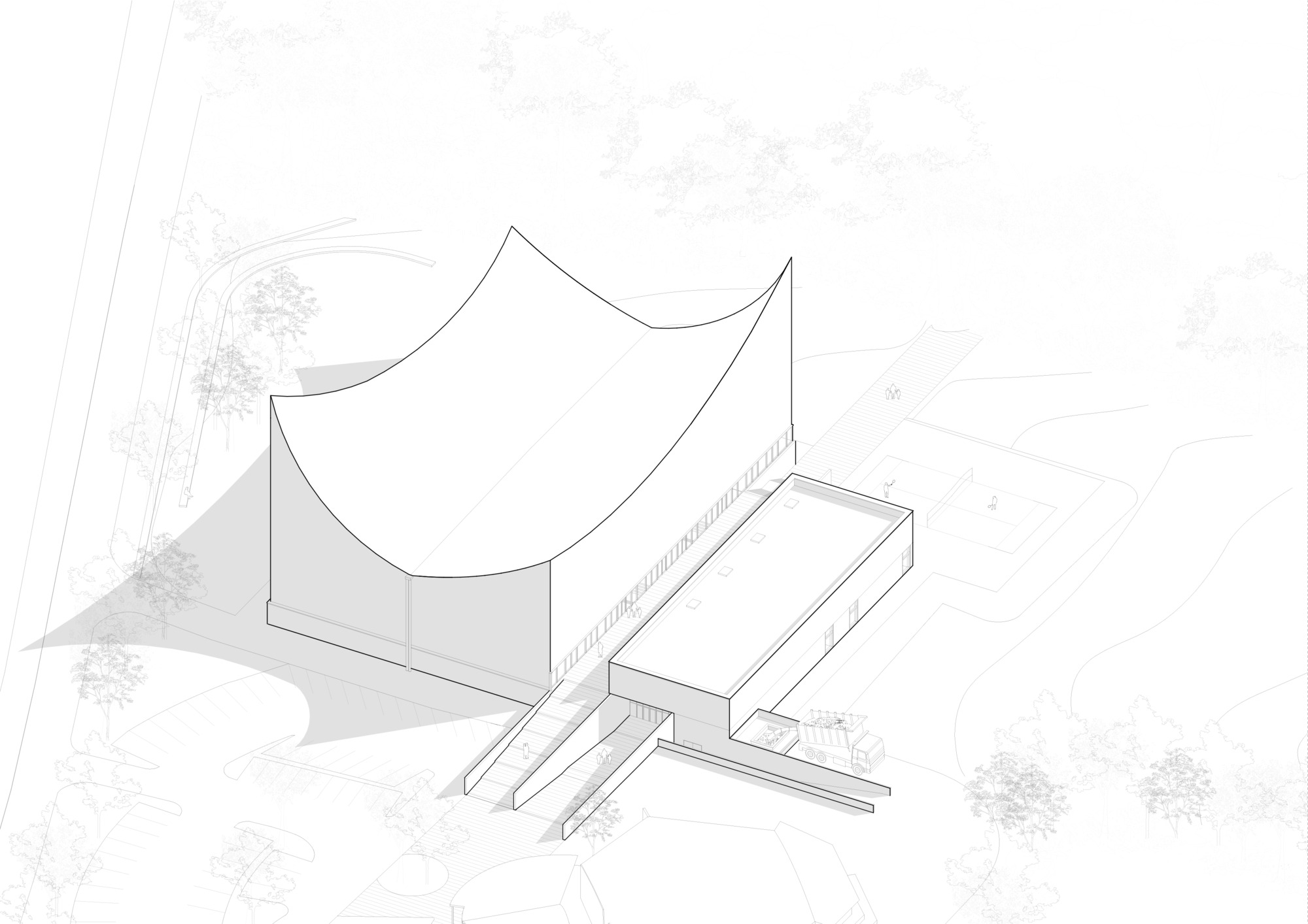 Axonometric drawing showing a curved roof volume connected to rectangular wings with surrounding trees