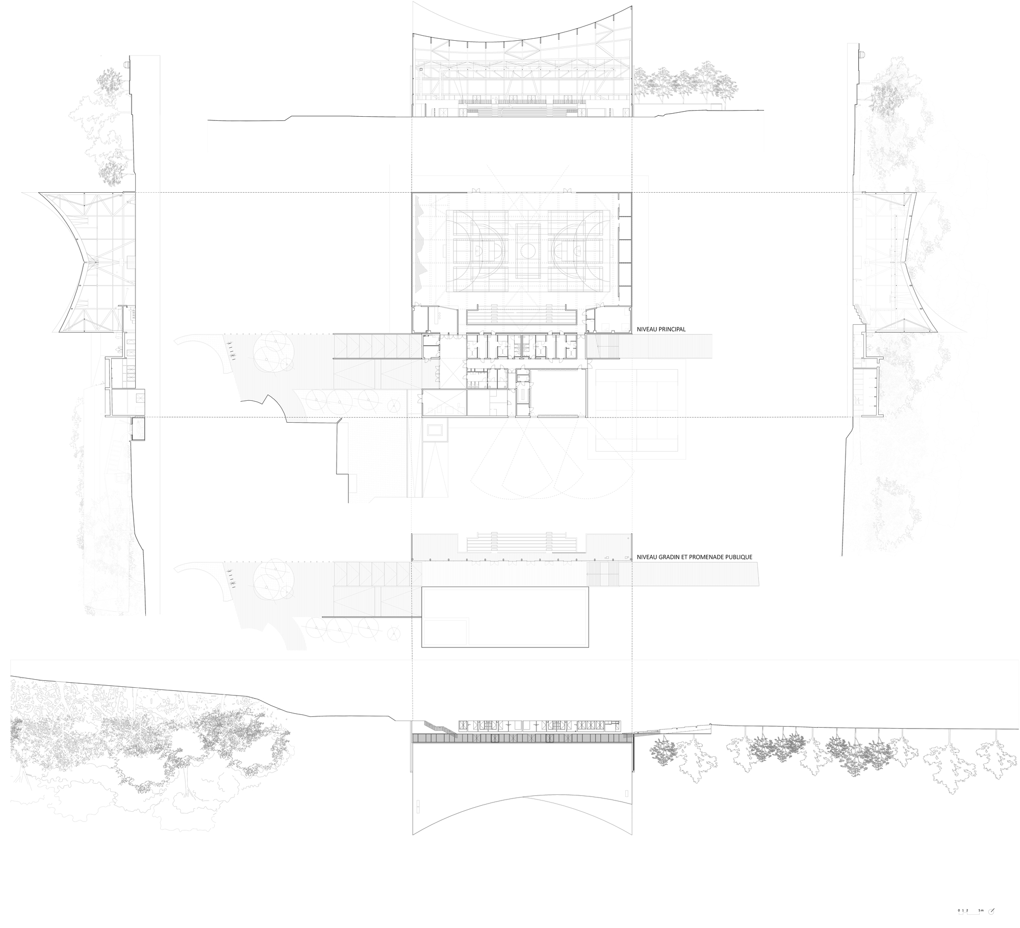 Floor plan and section drawings showing the curved central volume with flanking side wings