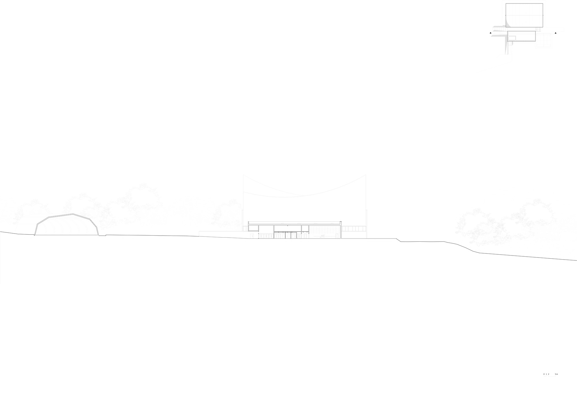 Section drawing showing the low rectilinear volume with a domed form to the left