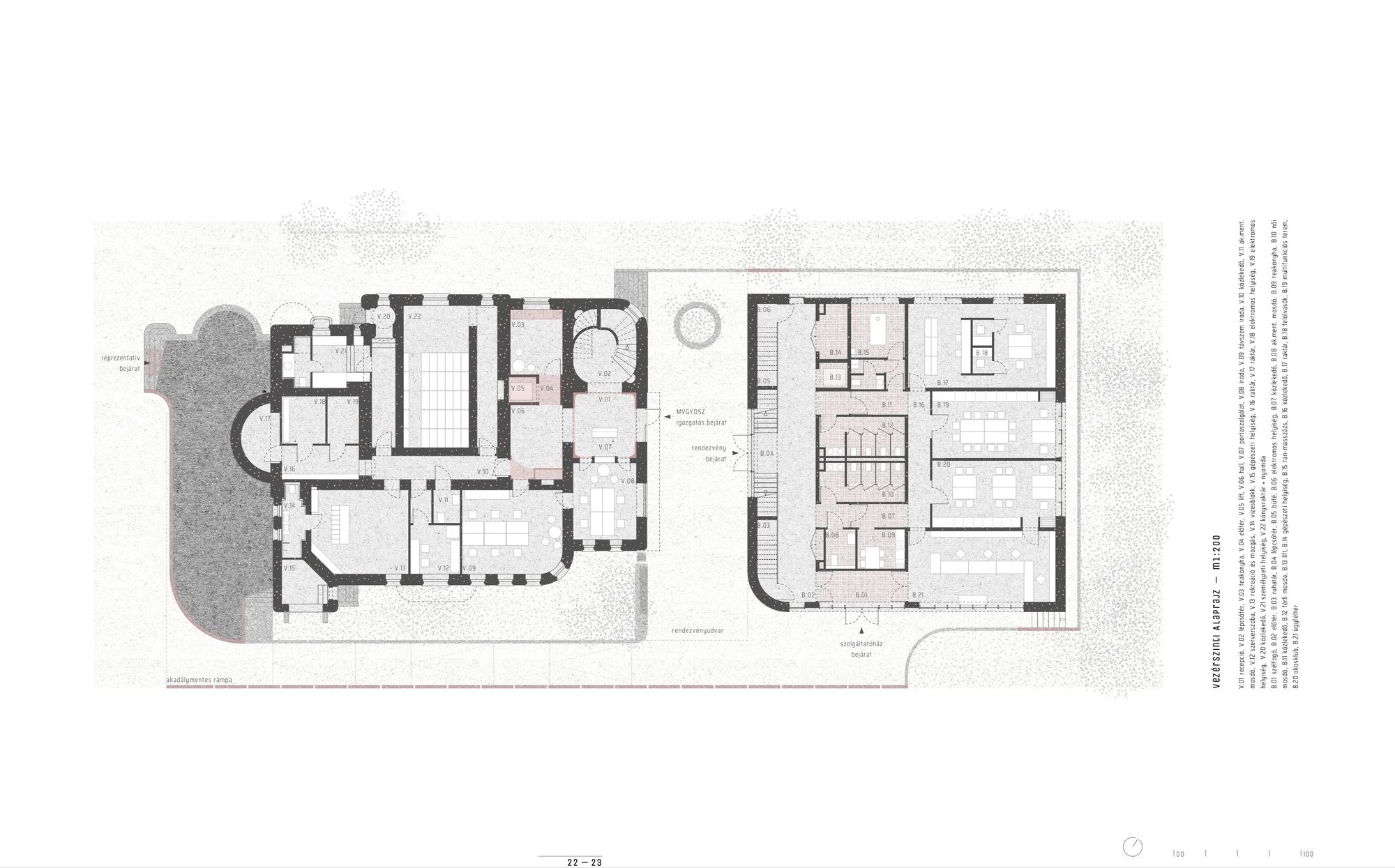 Floor plan drawing showing an ornate historic building adjoined to a rectangular volume with dormitory rooms