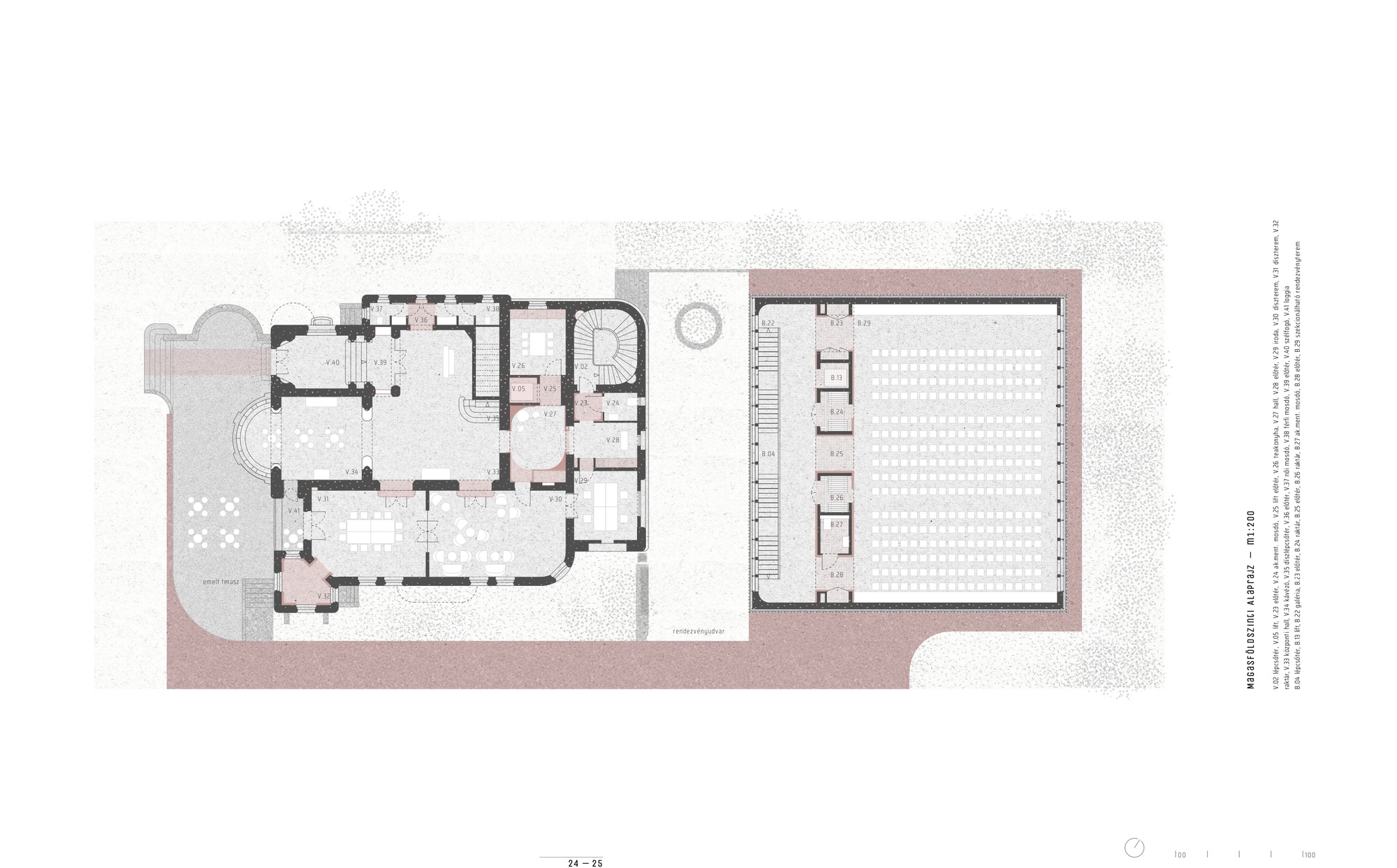 Ground floor plan drawing showing a tiled courtyard and a large gridded assembly hall adjacent to historic rooms
