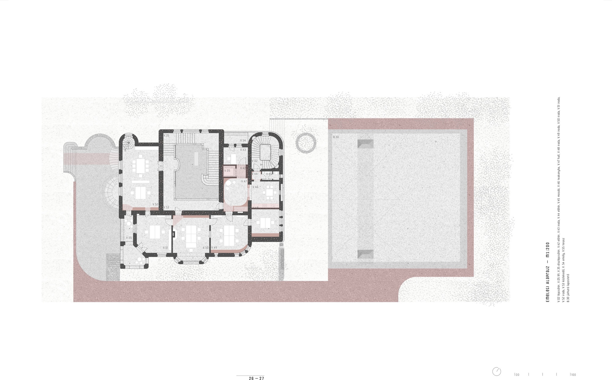 Floor plan drawing revealing a simplified layout with open courtyard and single large room in the new wing