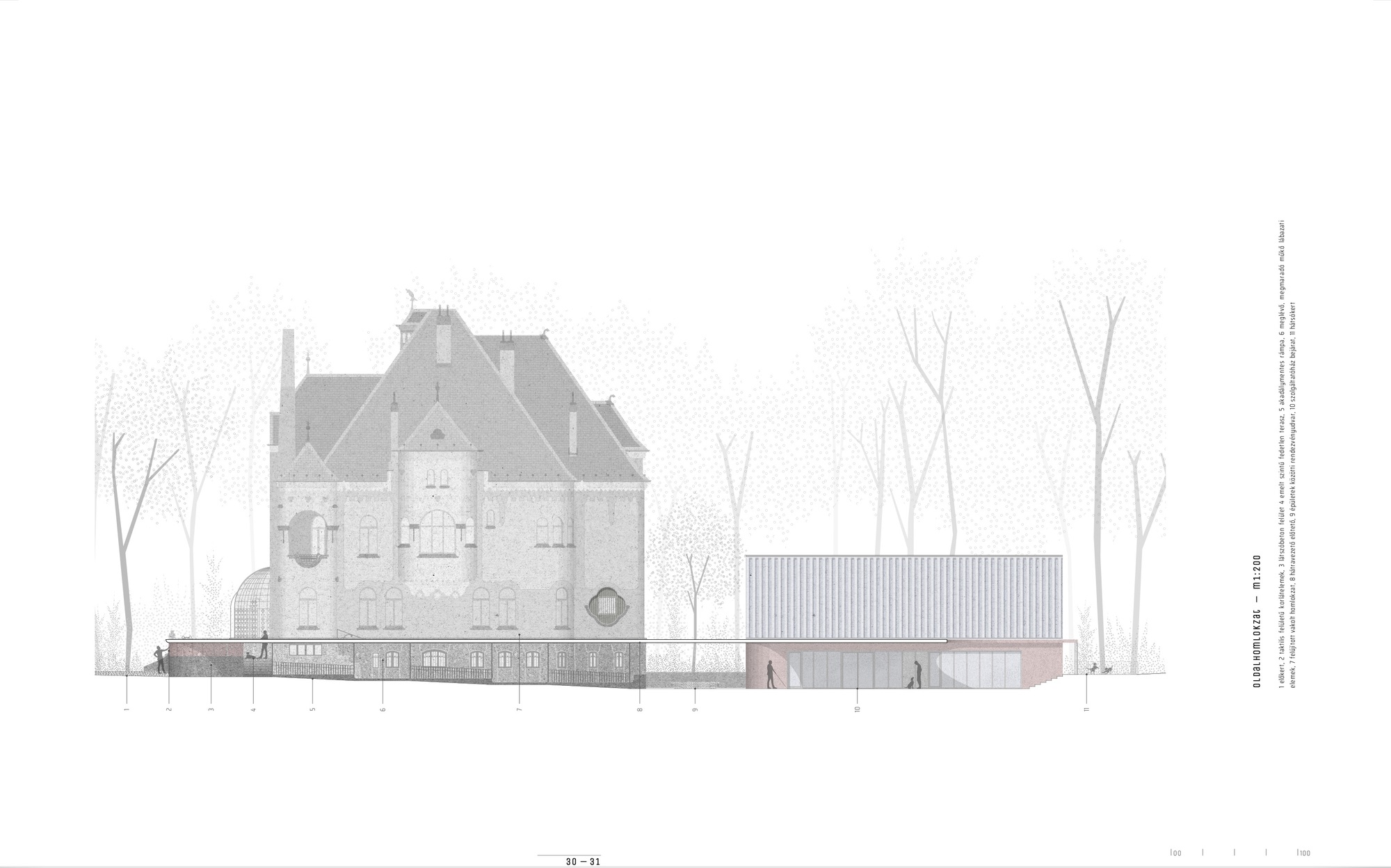 Elevation drawing showing a historic mansion tower beside a low corrugated metal pavilion among bare trees