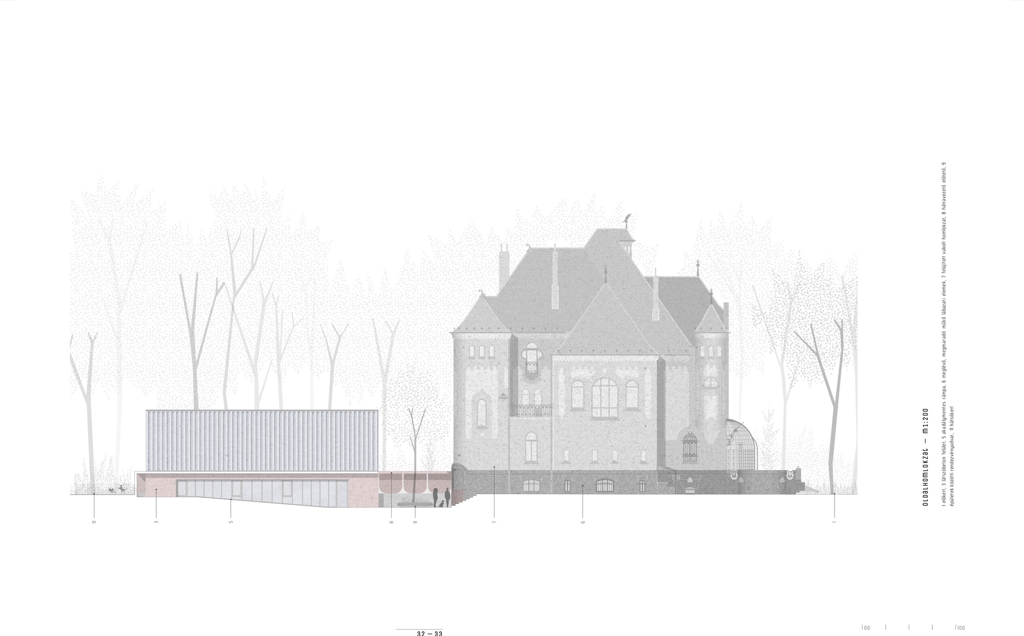 Elevation drawing depicting a chateau behind a low horizontal addition with pink masonry base and metal cladding