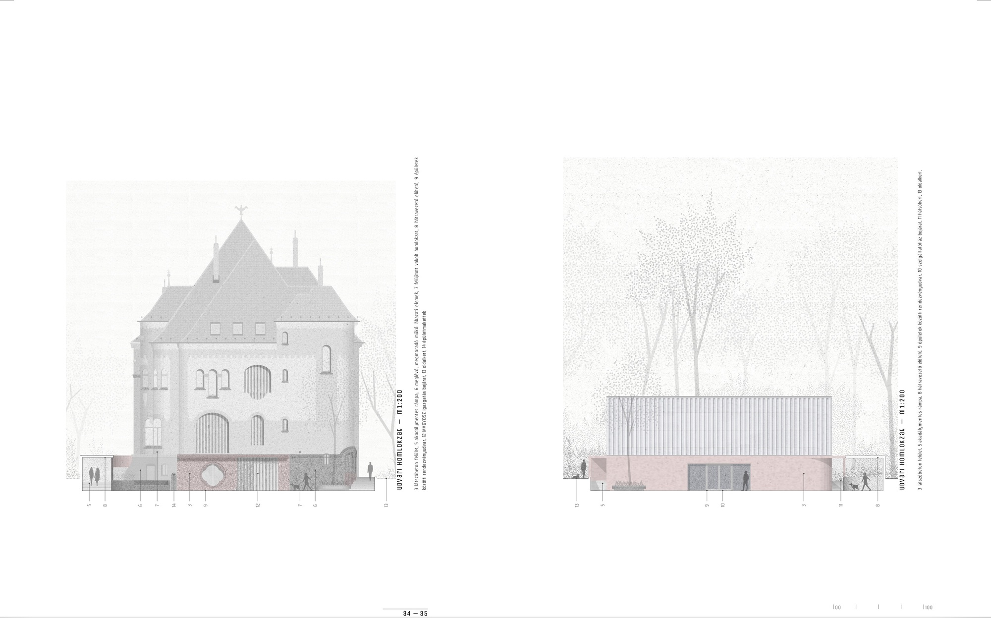 Paired elevation drawings showing the turreted historic structure and the metal-clad addition with vertical cladding among winter trees