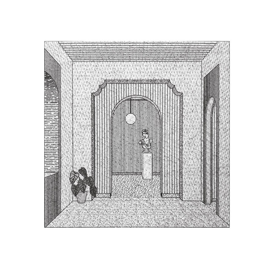 Perspective drawing of an arched alcove with fluted columns and a sculpture on a pedestal