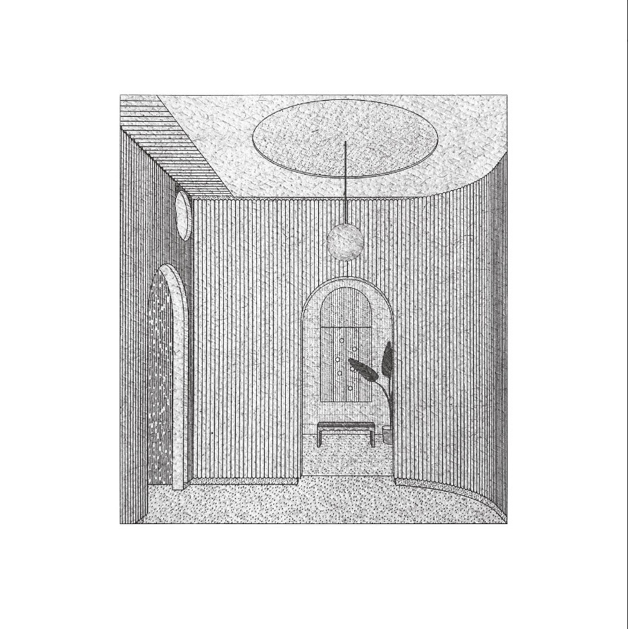 Perspective drawing of a room with vertical fluted walls and an oval ceiling oculus