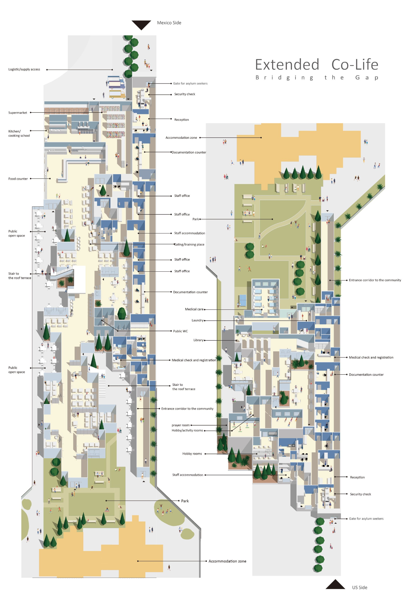 Integrated plan showing public, administrative, and accommodation zones structured along a continuous spatial system.