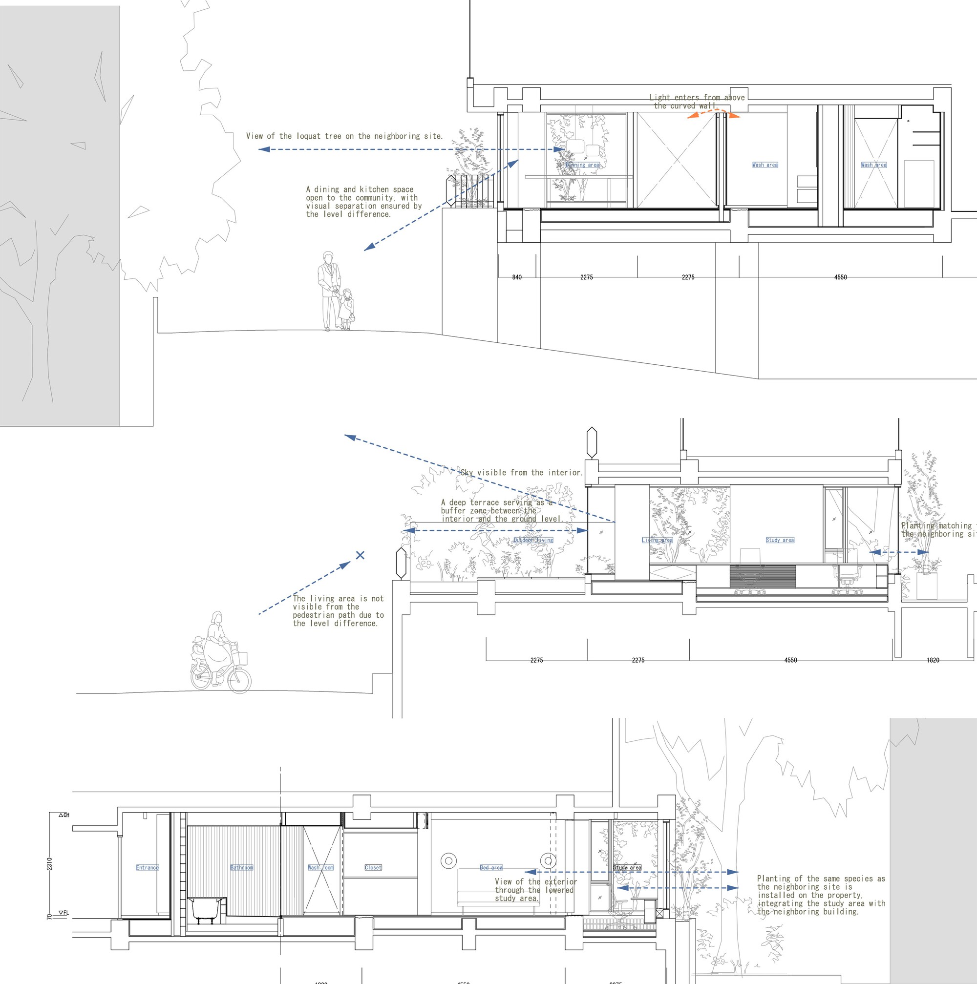 Section drawings showing split-level interior spaces and relationships to surrounding trees