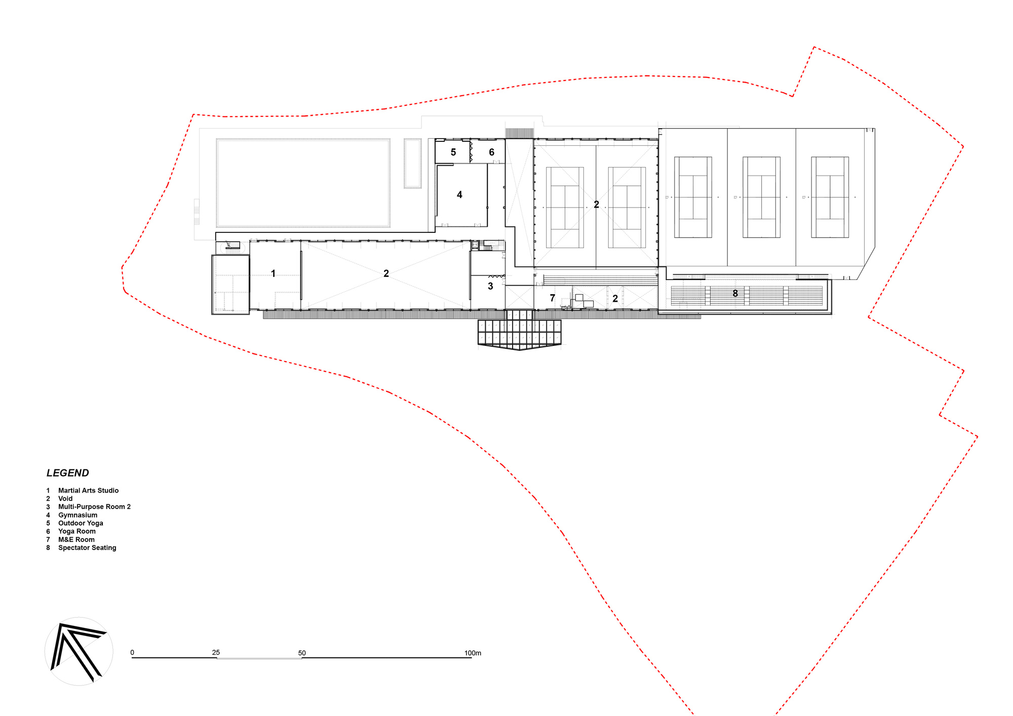 Floor plan drawing showing a linear arrangement of studios and multipurpose spaces with three outdoor courts