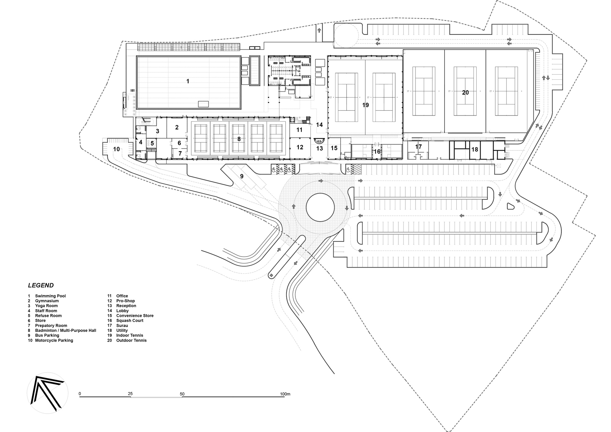 Ground floor plan drawing showing pool facilities, indoor courts, and parking areas within an irregular site boundary