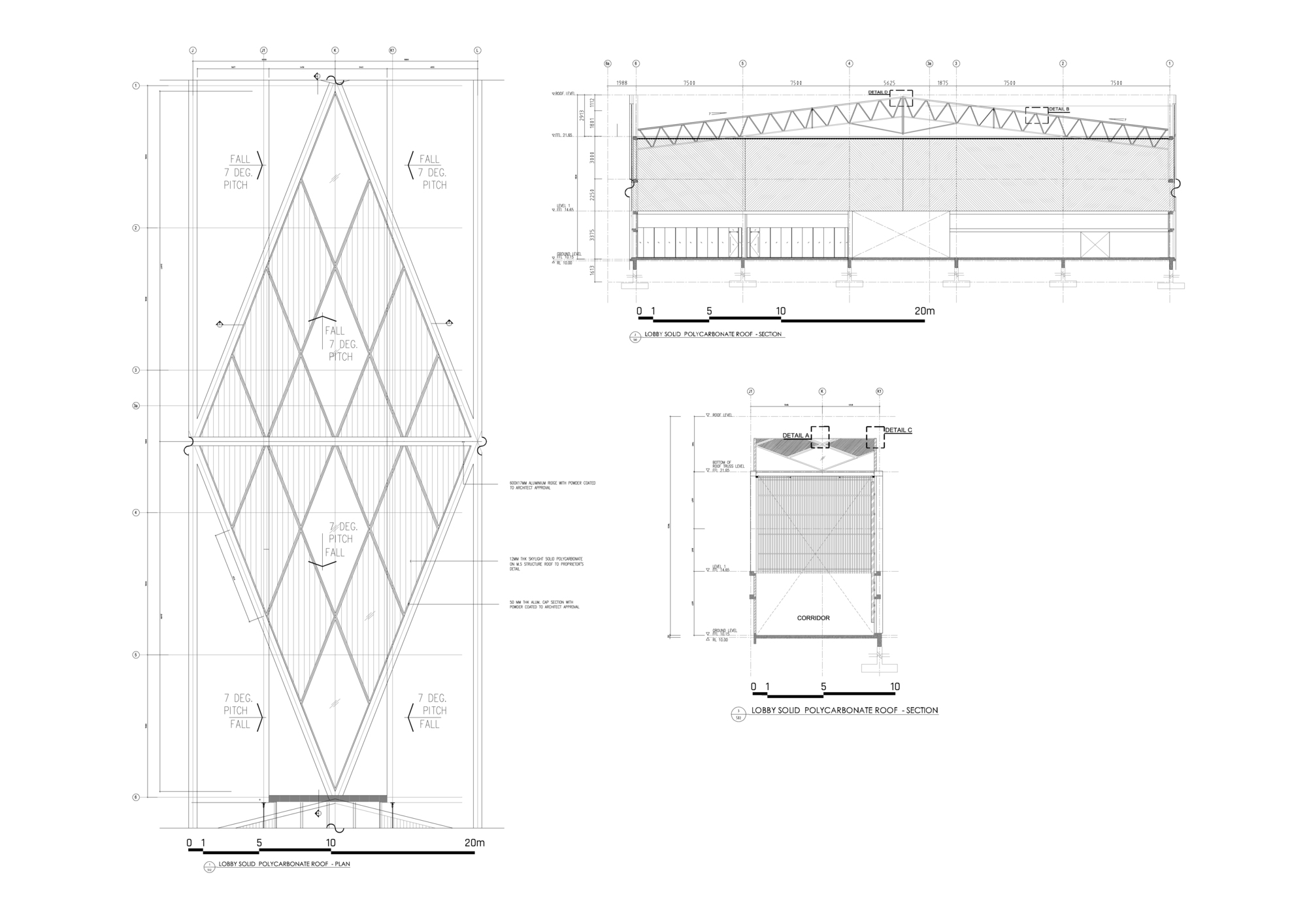Elevation and section drawings showing diamond-patterned facade with structural details and roof assembly