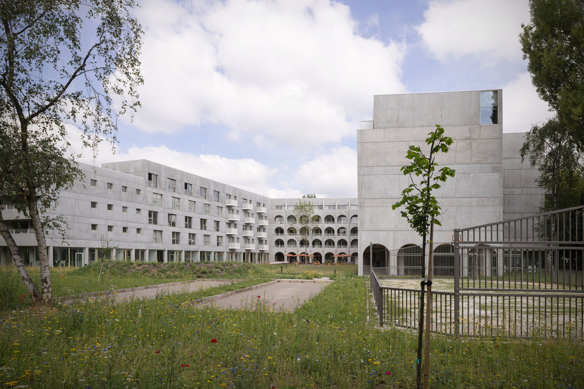 View across wildflower meadow toward concrete housing blocks with arched arcade and young tree