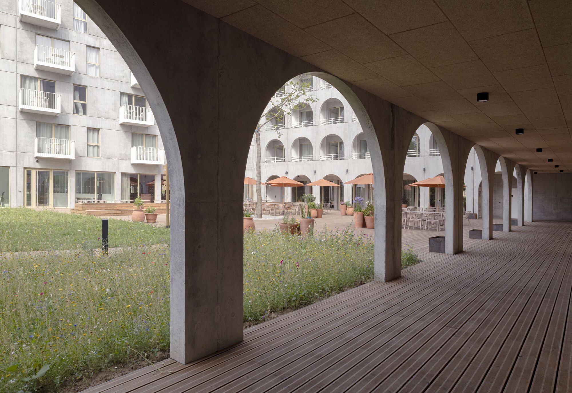 Covered timber deck colonnade with concrete arches overlooking a planted courtyard and seating area