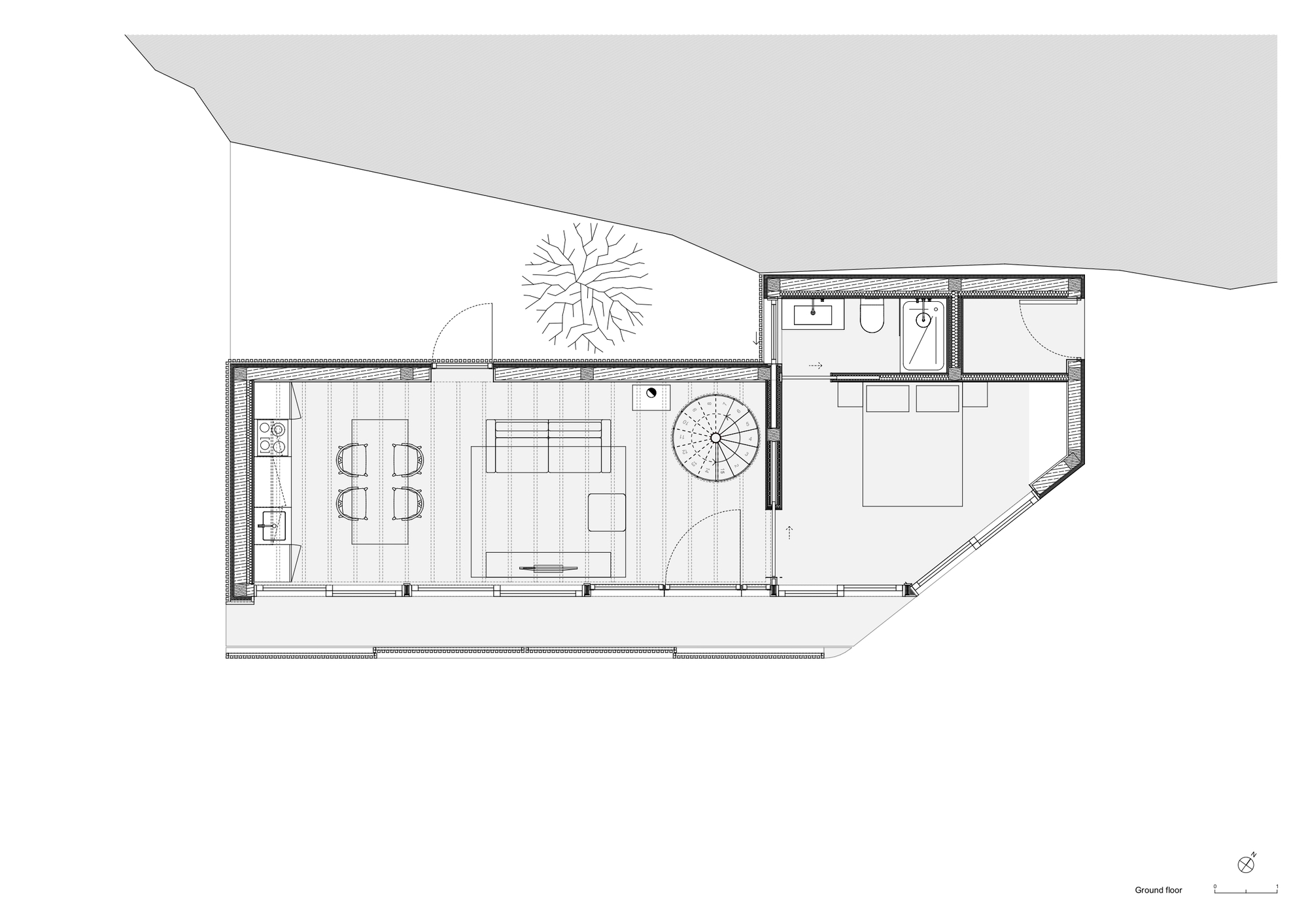 Ground floor plan showing open living and dining area with spiral stair and courtyard