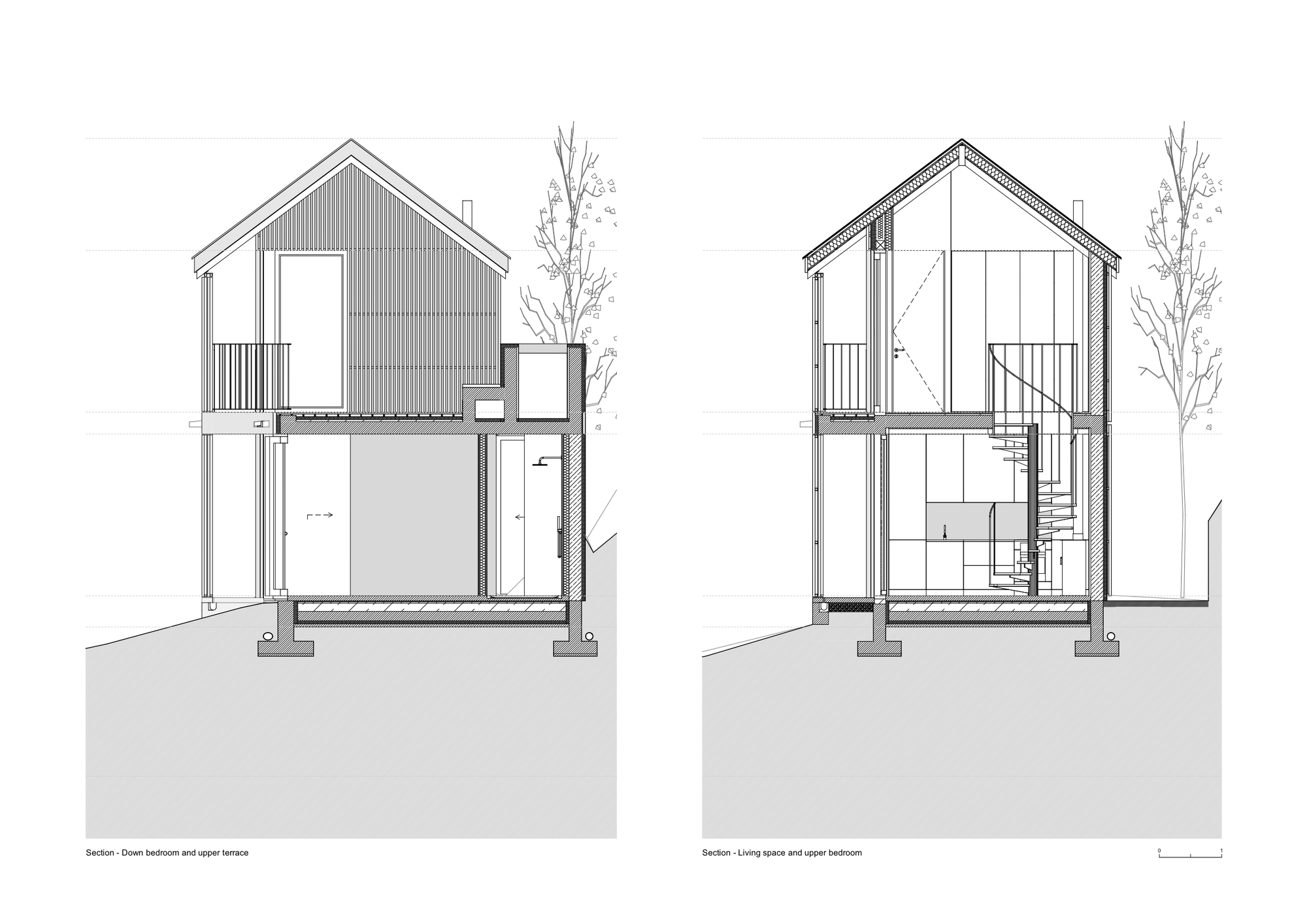 Section drawings showing the open bedroom with upper terrace and the living space with central spiral staircase