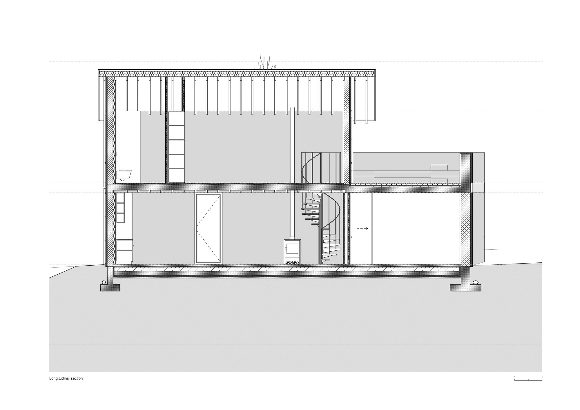 Longitudinal section drawing revealing the two-level interior with spiral stair and roof terrace with railings