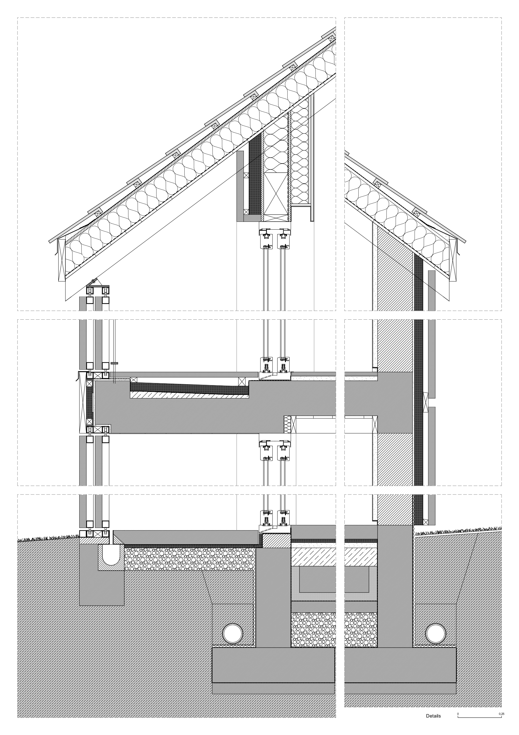 Construction detail drawing showing the foundation, floor structure, column supports and truss assembly in three vertical segments