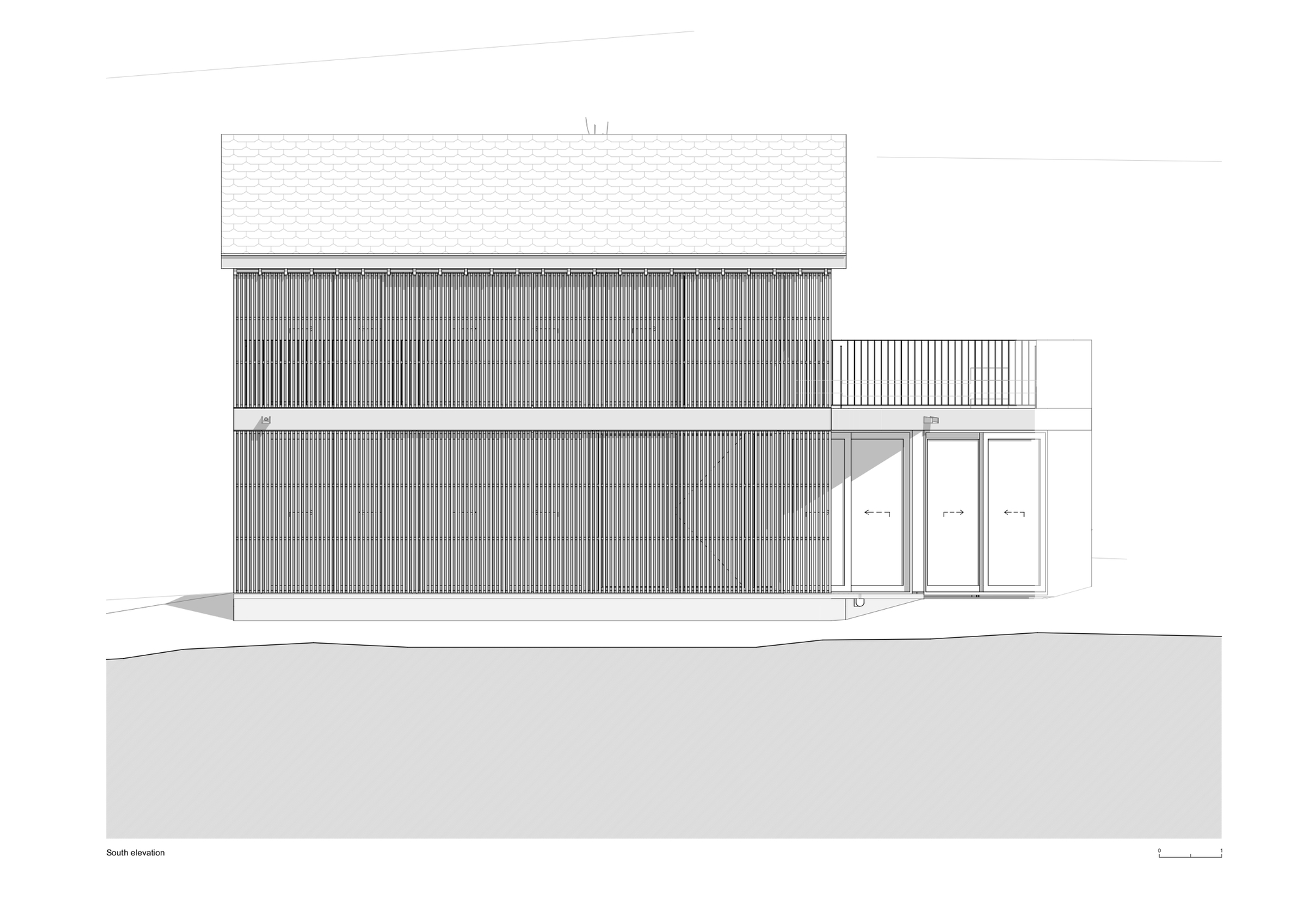 South elevation drawing showing the corrugated siding facade with upper balcony and recessed glazed entry doors