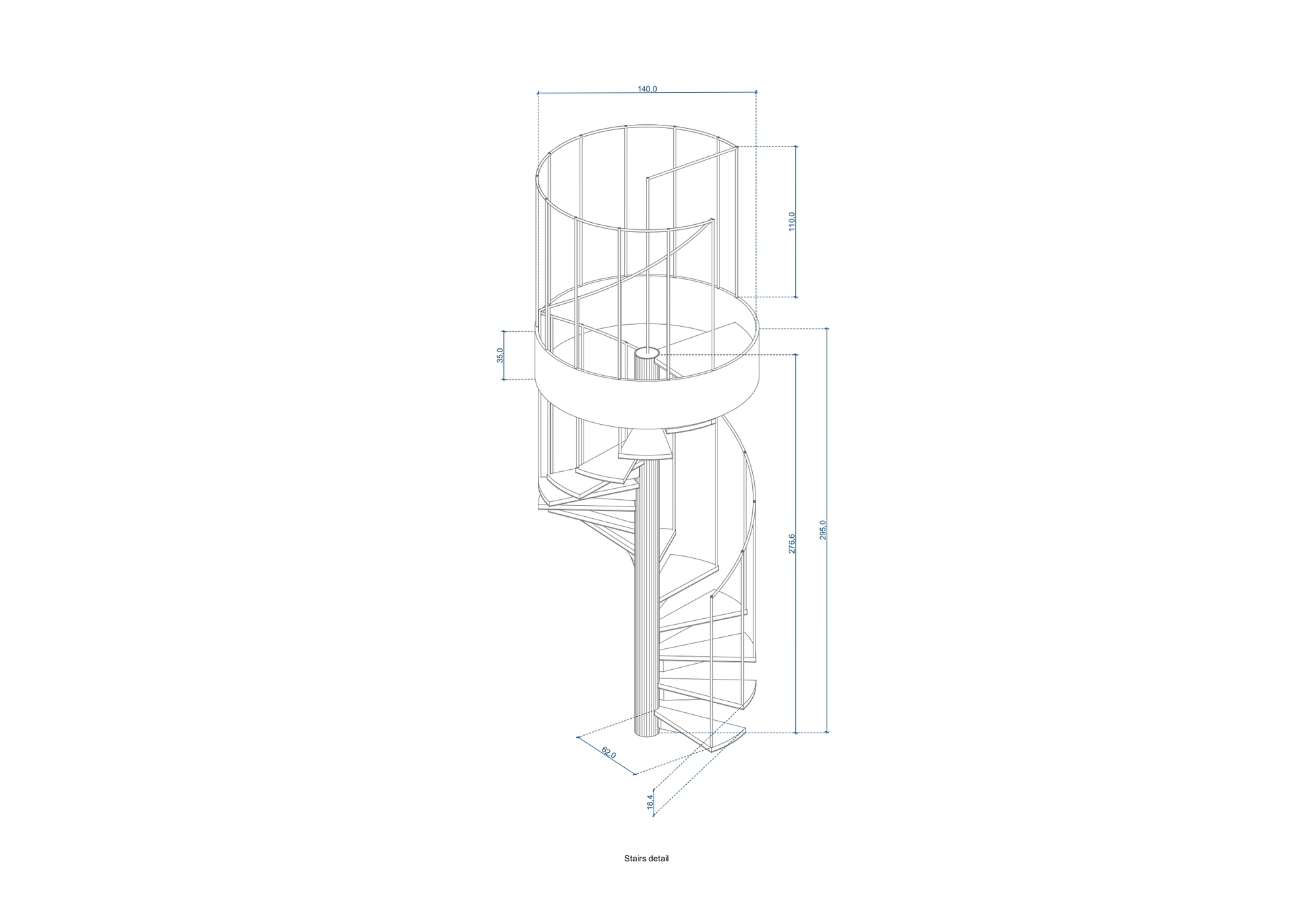 Axonometric detail drawing of a cylindrical spiral staircase with dimensioned measurements