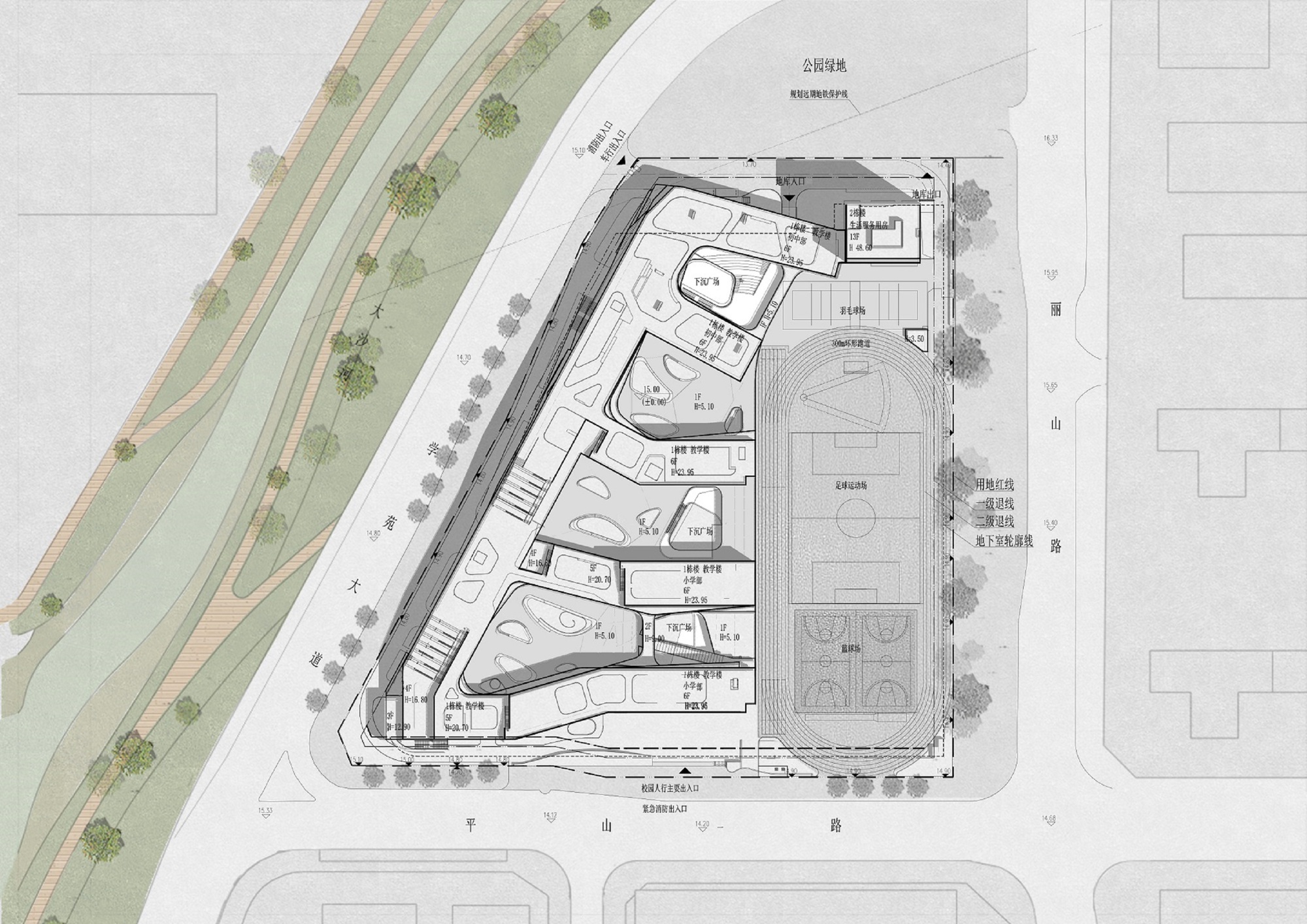 Site plan drawing showing a triangular building footprint with rooftop courts and adjacent green space