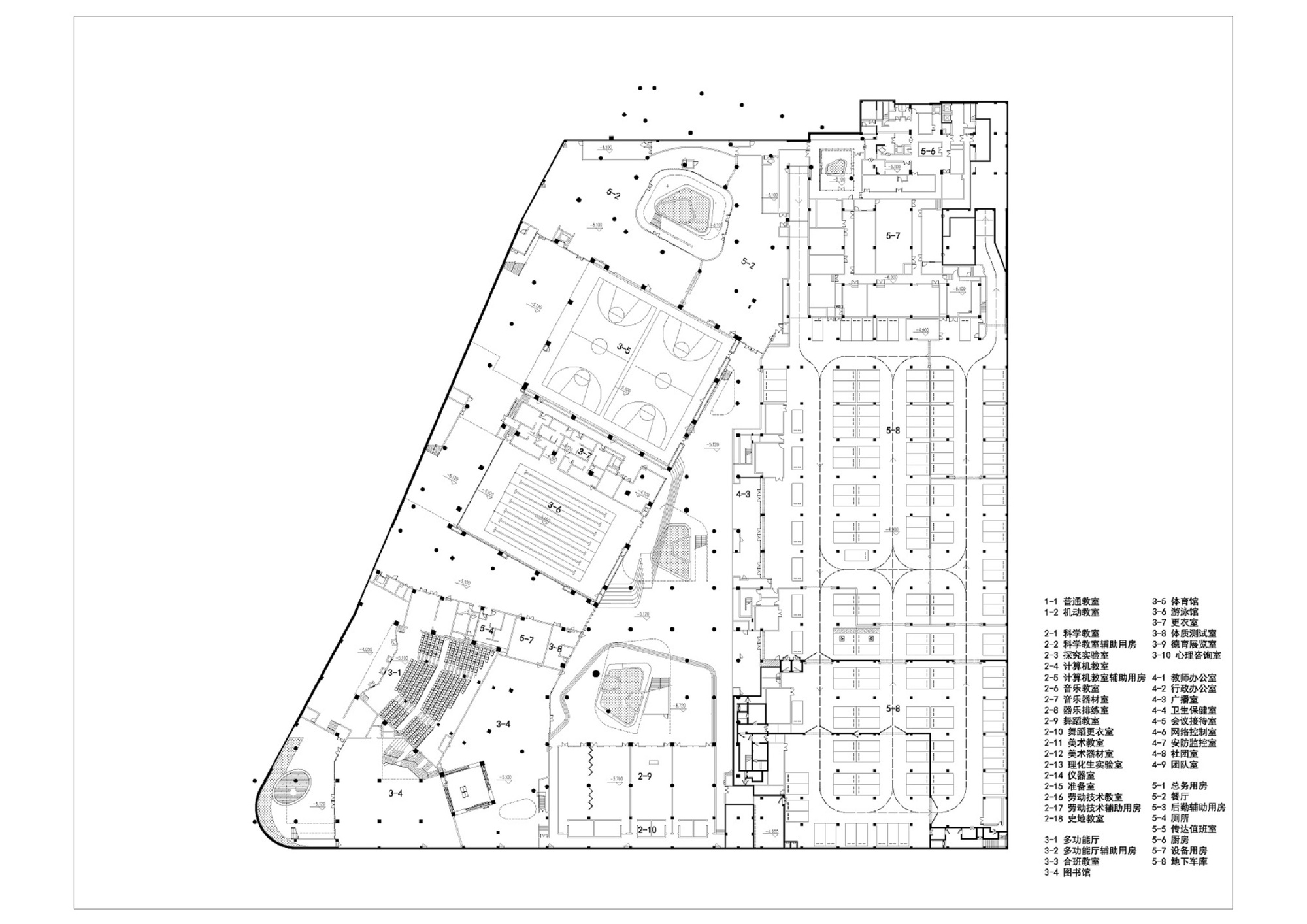 Basement floor plan drawing of a triangular layout with parking grid and central amenity zones