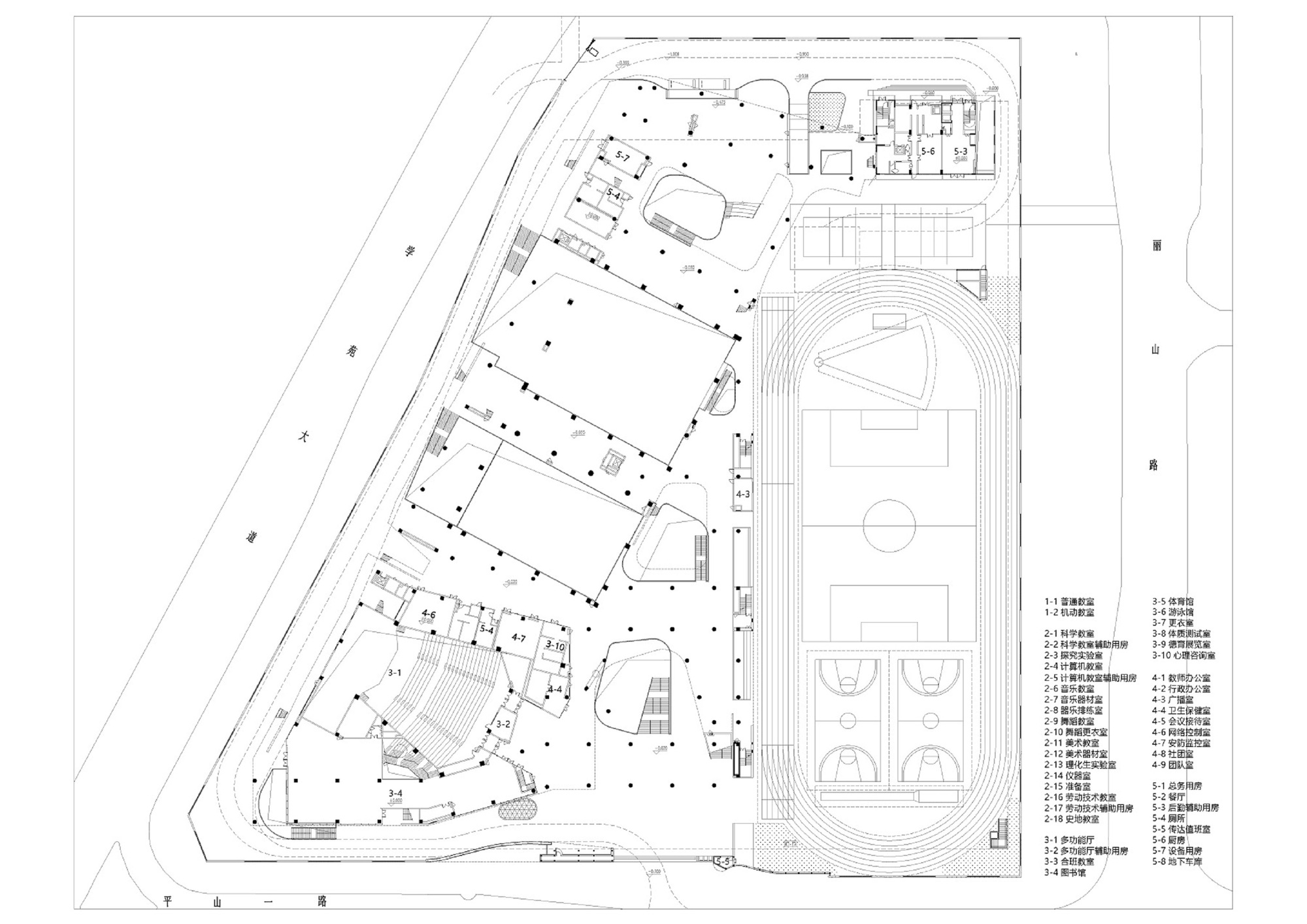 Ground floor plan drawing showing the angled building perimeter enclosing outdoor courts and sports fields