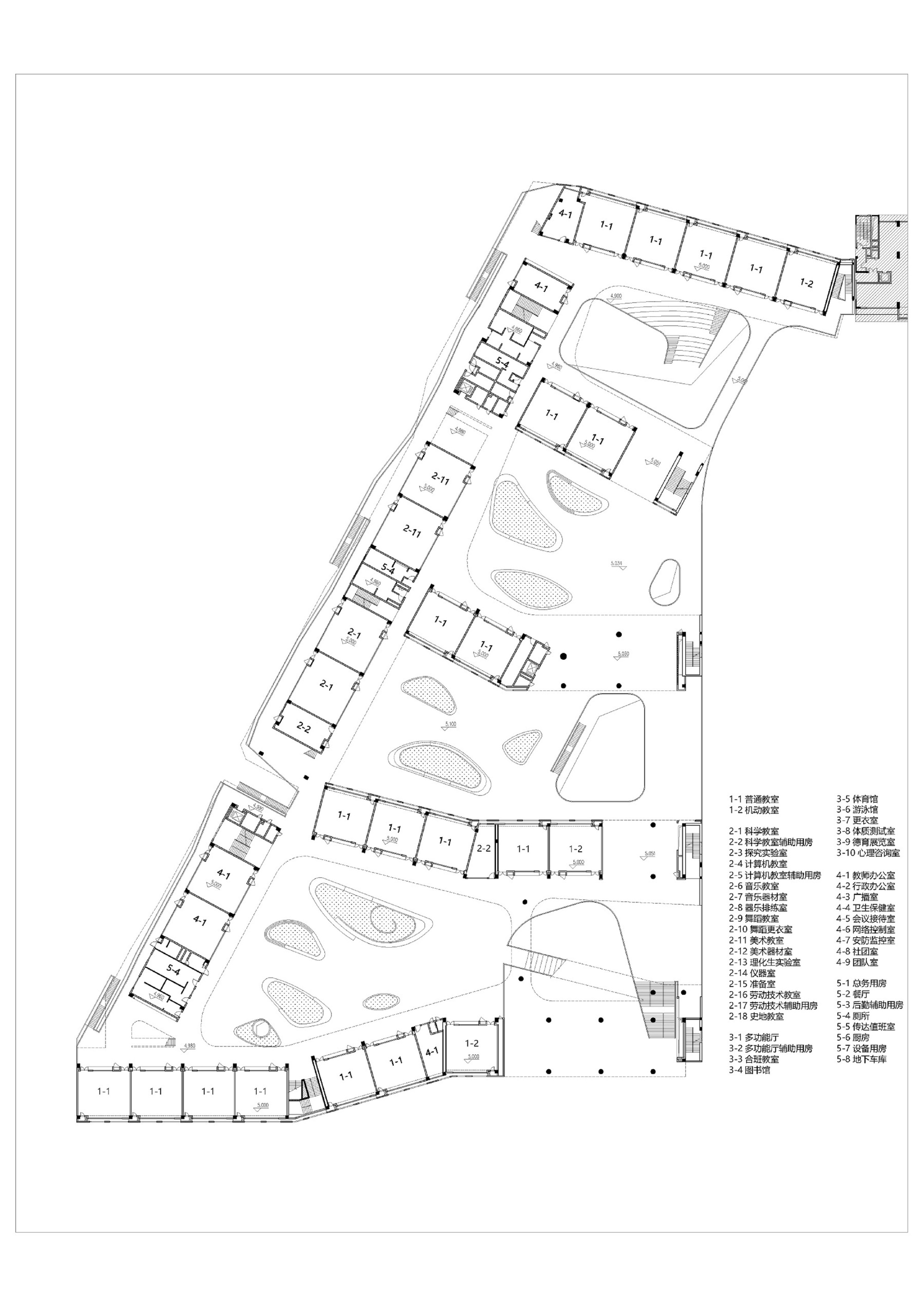 Upper floor plan drawing depicting classrooms along the perimeter and landscaped courtyard islands at center